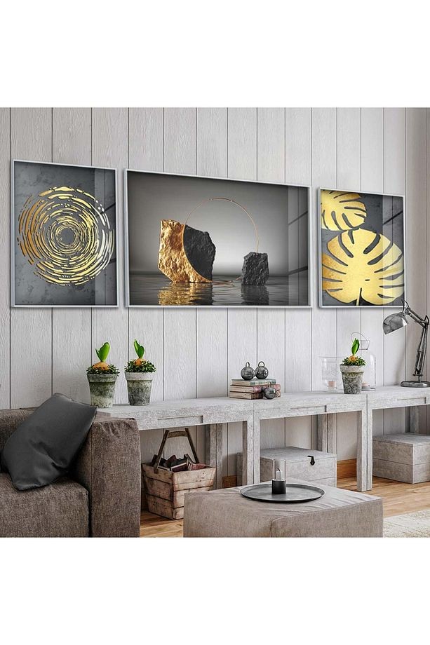 Gümüş Metal Çerçeveli Altın Desen Modern Üçlü Kırılmaz Cam Tablo Seti