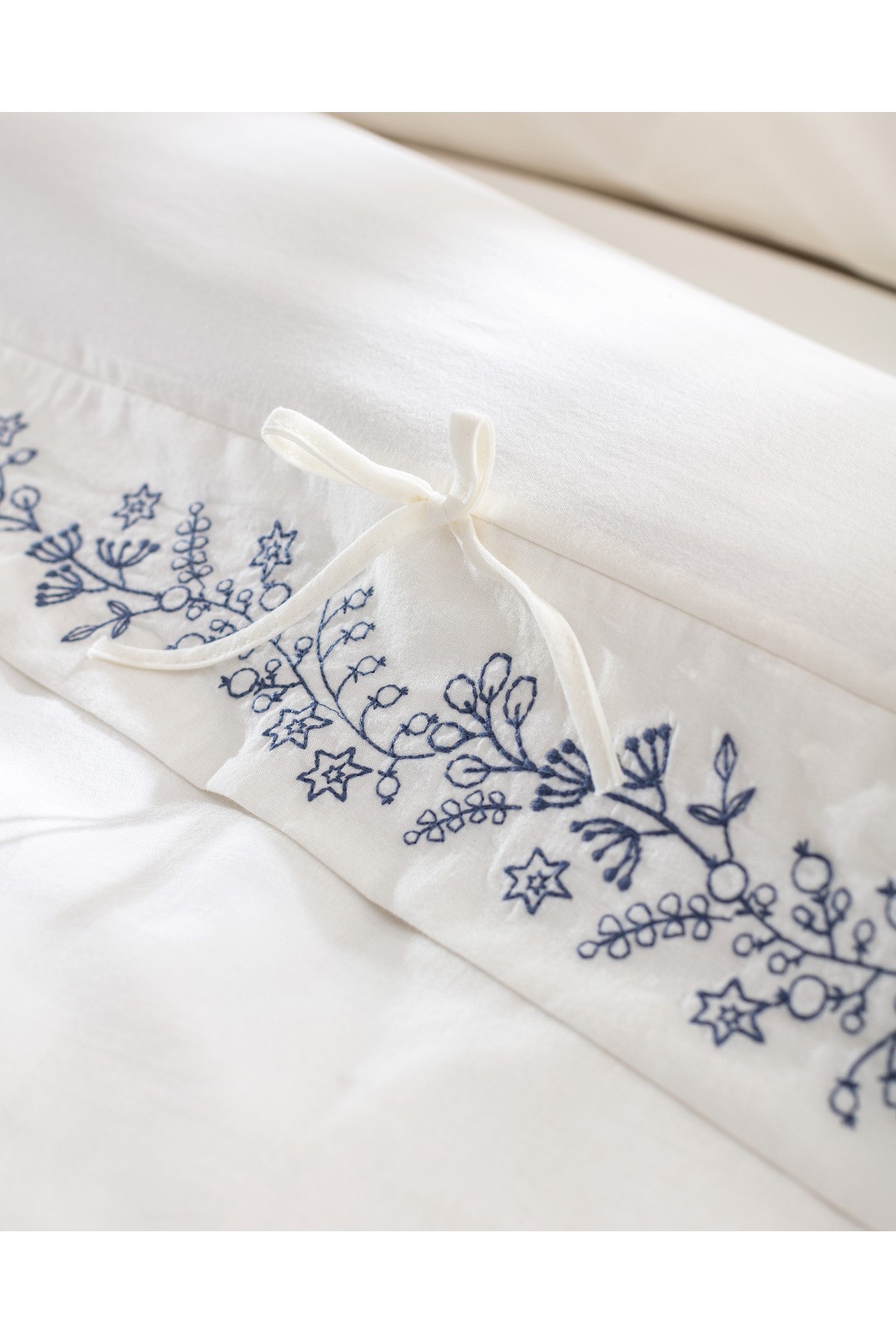 Relief King Size %100 Pamuk Bağlamalı Nevresim Takımı - Ekru/Lacivert