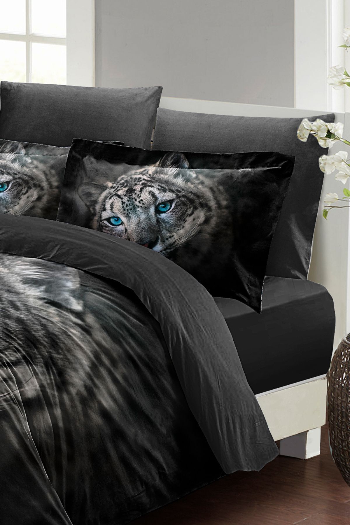 Leopar Lastikli Çarşaflı %100 Pamuk Saten Çift Kişilik Nevresim Takımı Blue Leopard