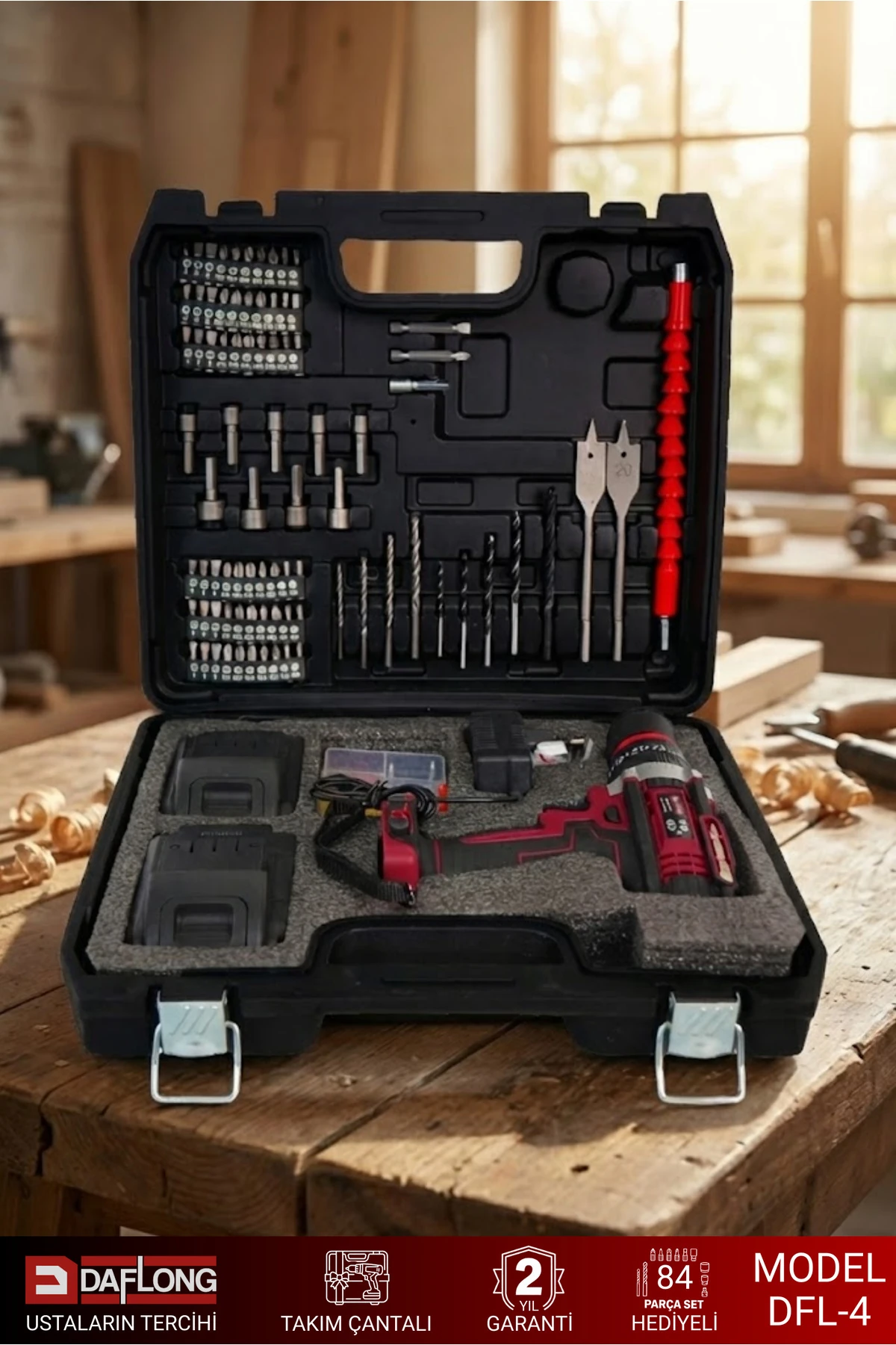 84 Parça Set Hediyeli 21v 2.5ah Li-ion Çift Akülü Şarjlı Matkap Vidalama DFL-4