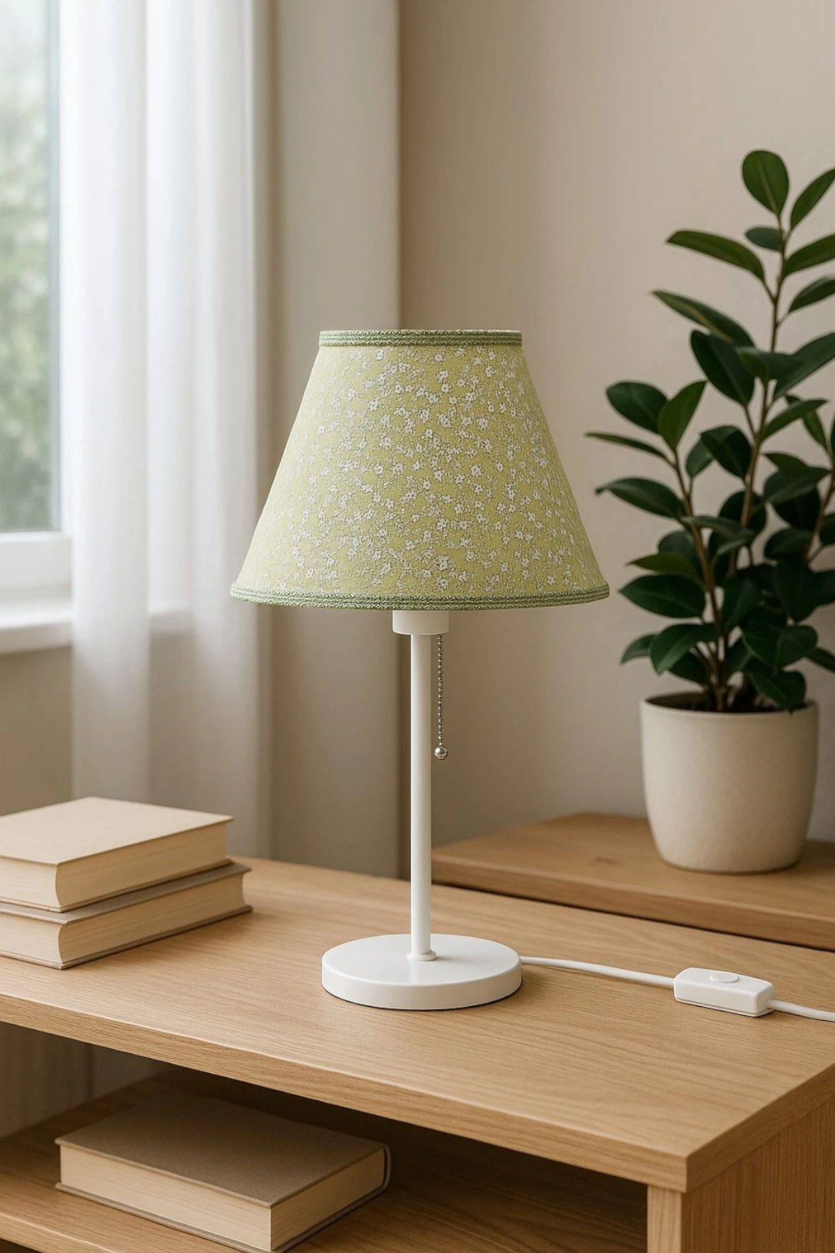 Yeşil Çiçek Desenli Kumaş Abajur, Zincirli Anahtarlı Masa Lambası, Dekoratif Aydınlatma, 30x50 cm