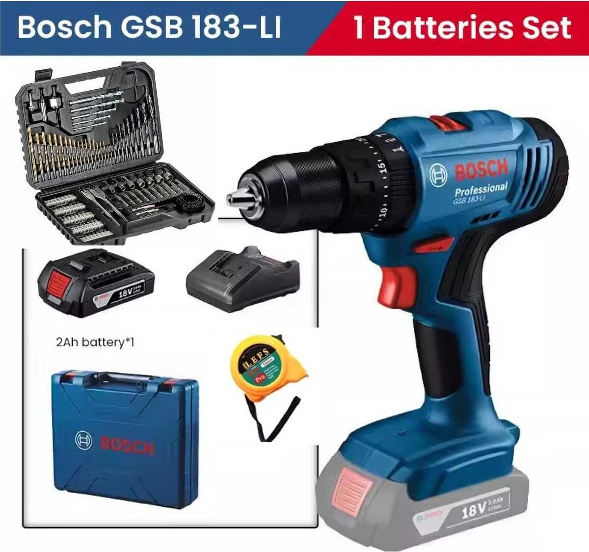 BOSCH Gsb 183 Li Darbeli Tek Bataryalı Matkap Vidalama ,  103 Parça Uç Aksesuar Seti ve Metre