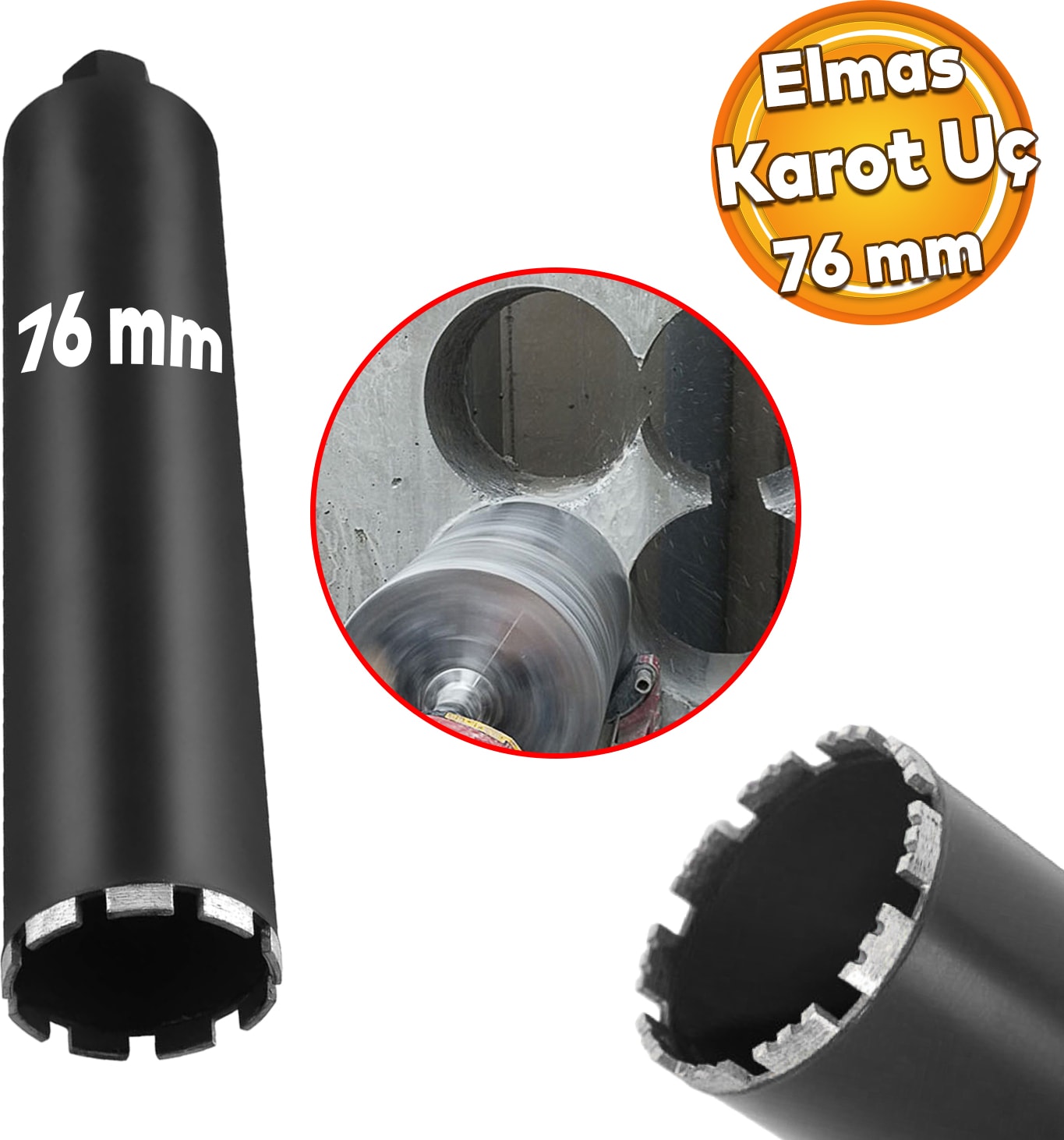 Elmas Karot Ucu 76 mm Shun Beton Zemin Duvar Delme Delik Açma Panç Aparat Uç Deprem Numune Al Test