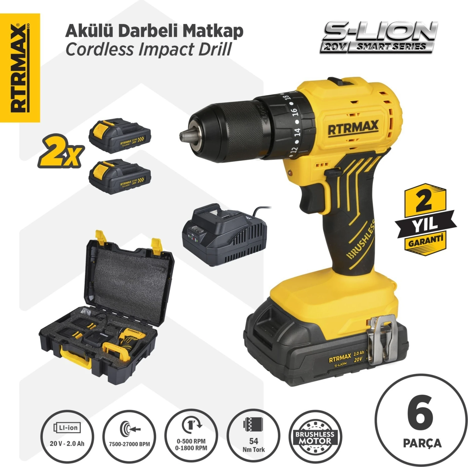 RTS5012 Şarjlı Darbeli Matkap Kömürsüz 54 Nm 2x2 Ah 20V Çift Akü S-Lion - Akü Dahil
