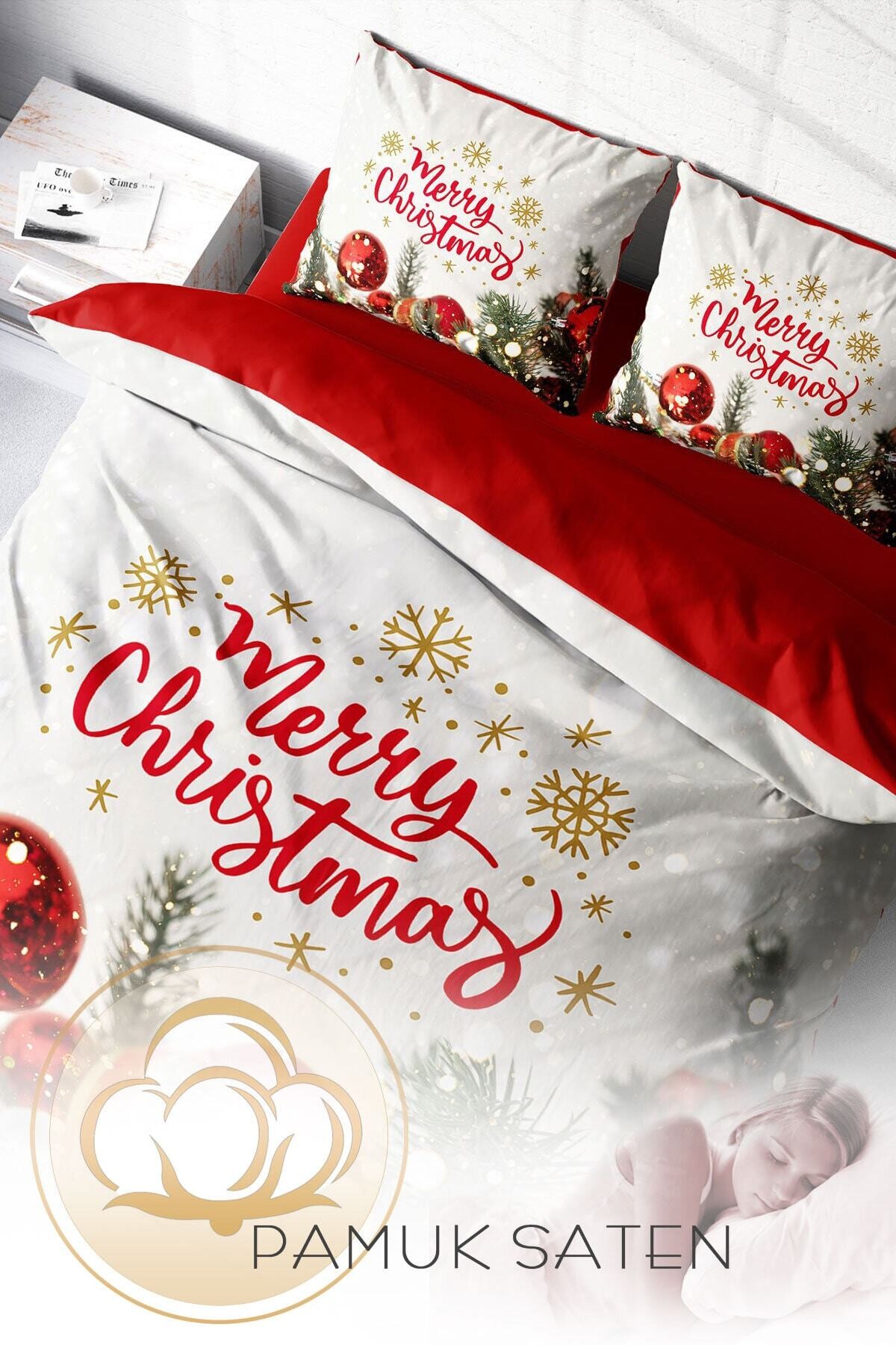 Kıng Sıze Yılbaşı Nevresim Takım %100 Doğal Pamuk Saten Noel Çift Kişilik Noel 220x240cm