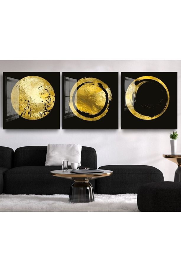 3lü Altın Sarısı Dairesel Soyut Cam Tablo, Modern Tablo, Duvar Dekor, Büyük Tablo, Cam Duvar Tablo