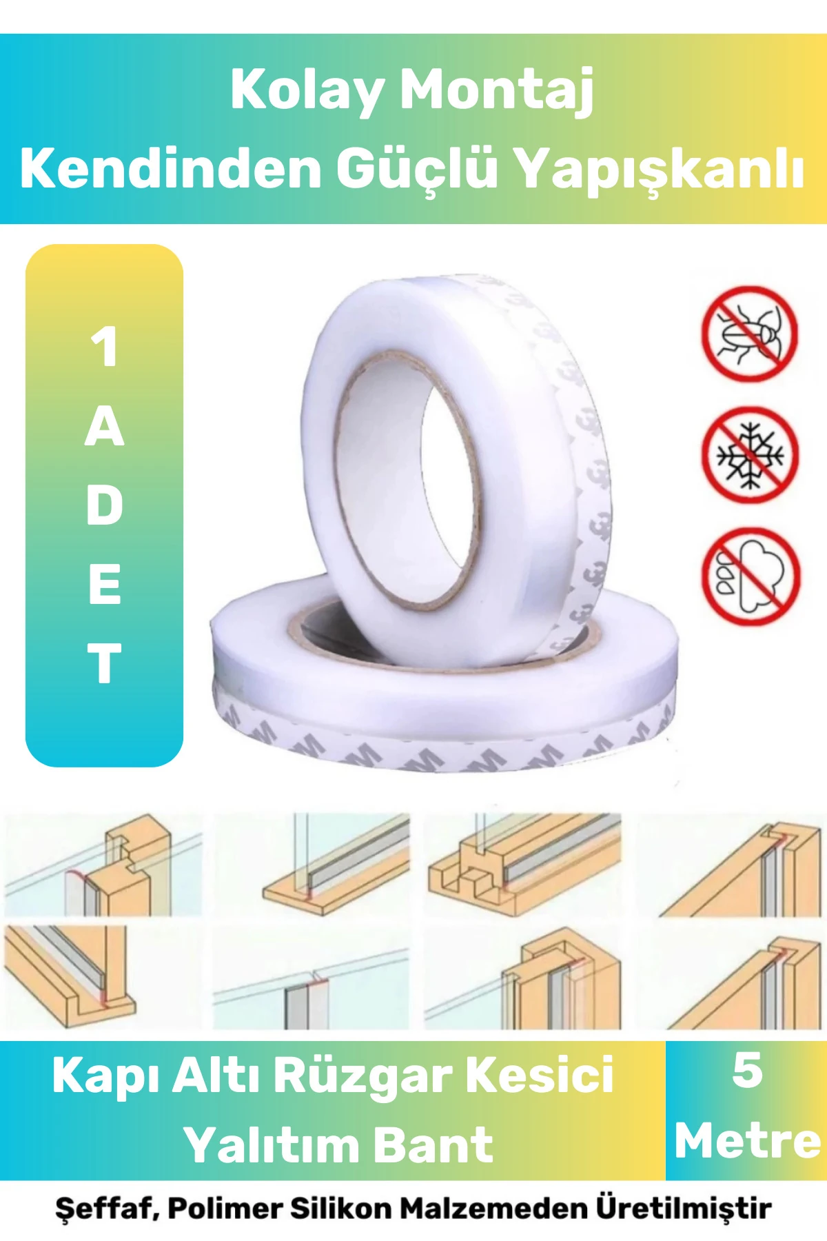 Ses Böcek Toz Önleyici Rüzgar Kesici Yalıtım Kapı Pencere Isı Izolasyon Şeffaf Şerit Bant 5mt 1 Adet