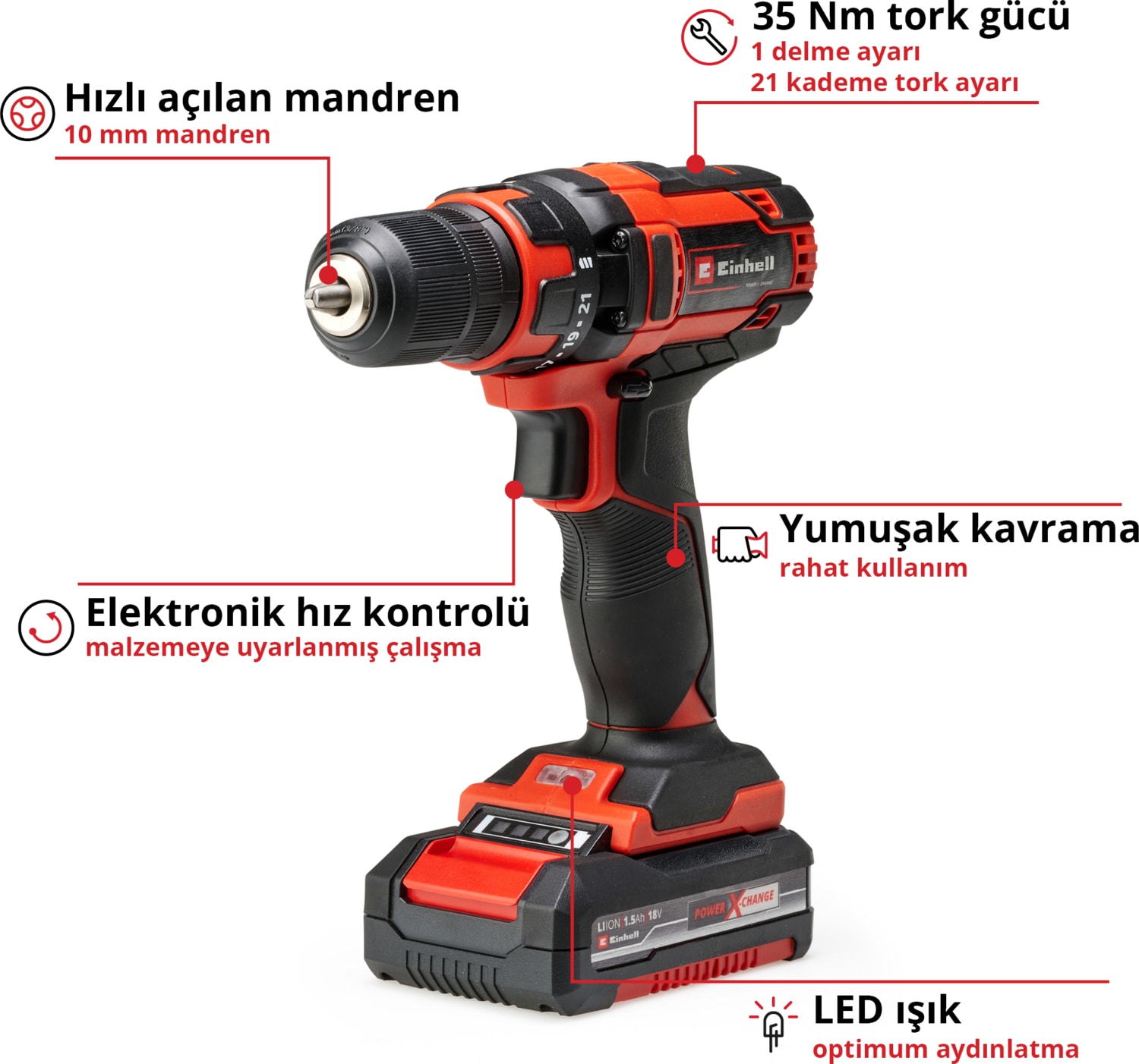 EİNHELL Akülü Vidalama TC-CD 18/35 Li (1x1,5 Ah) Power X-Change (Lityum-İyon, 18 V, hız kontrolü, LED aydınlatma, yumuşak tutuş, 1,5 Ah PXC akü, şarj cihazı + saklama kutusu dahildir) - 4513914