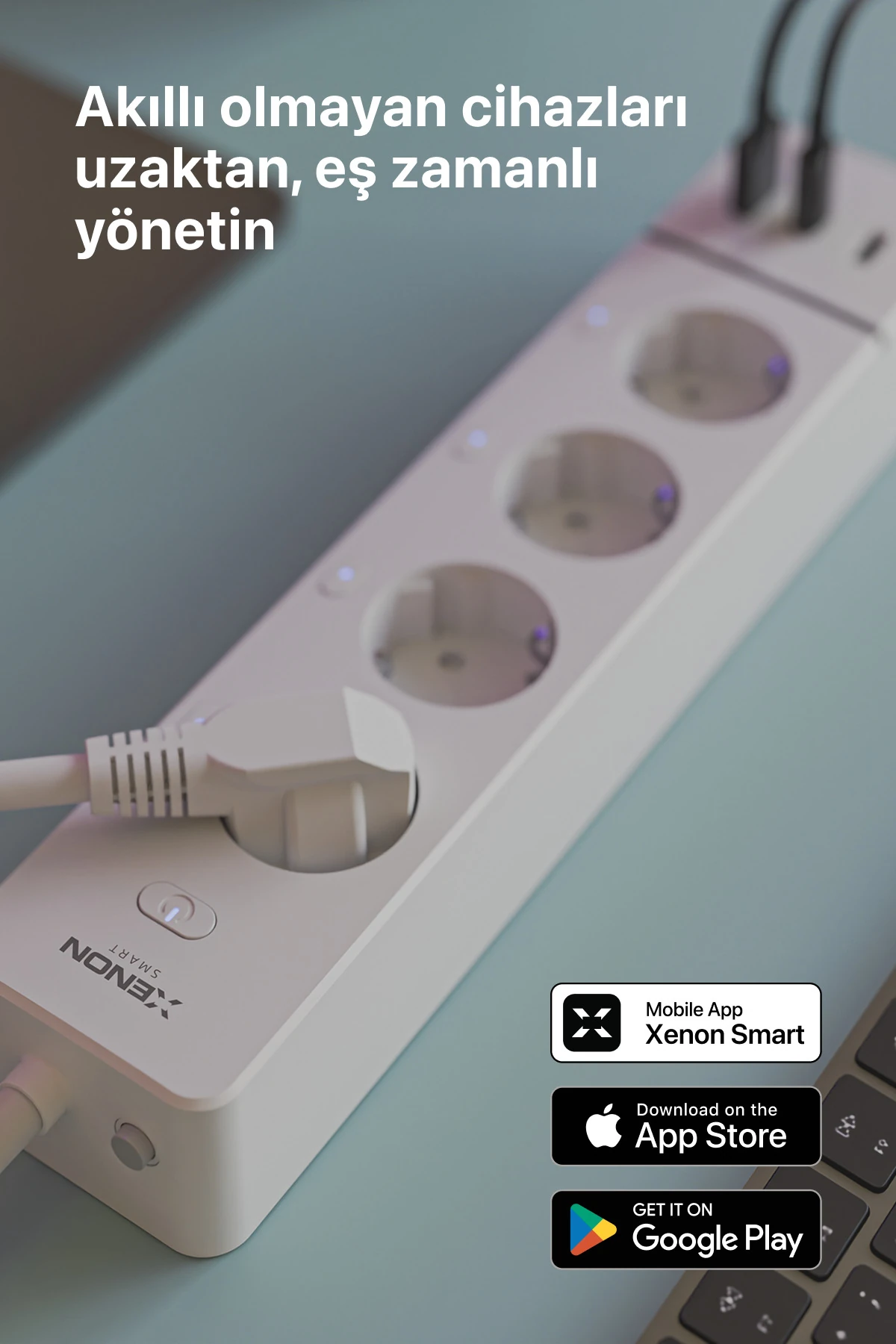 Akıllı Çoklu 4'lü Priz Wi-Fi 2 USB-A ve 1 USB-C 3680W 180 cm Google ve Alexa Mobil Kontrol X7087