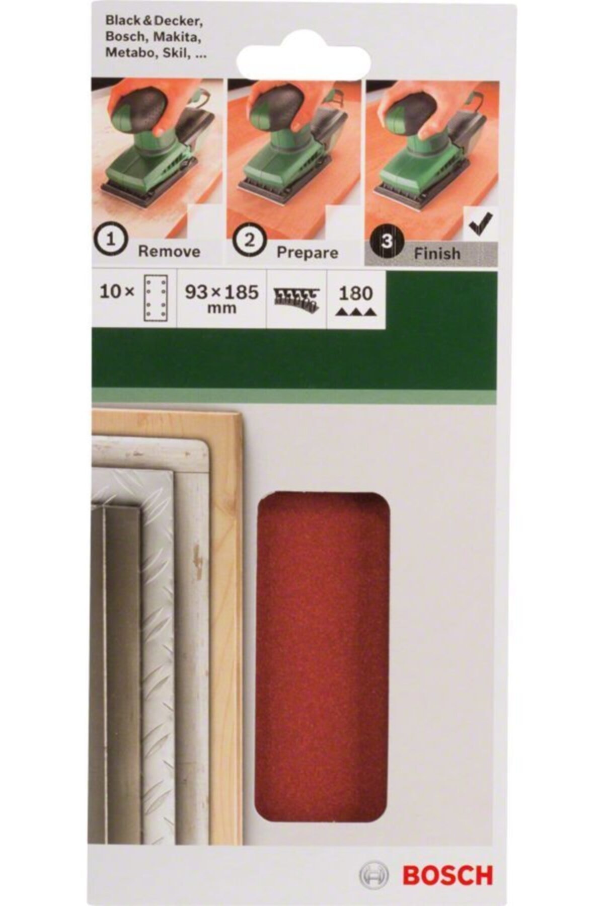- Titreşimli Zımpara Kağıdı 10'lu, 93 X 185 Mm 180 Kum 8 Delik