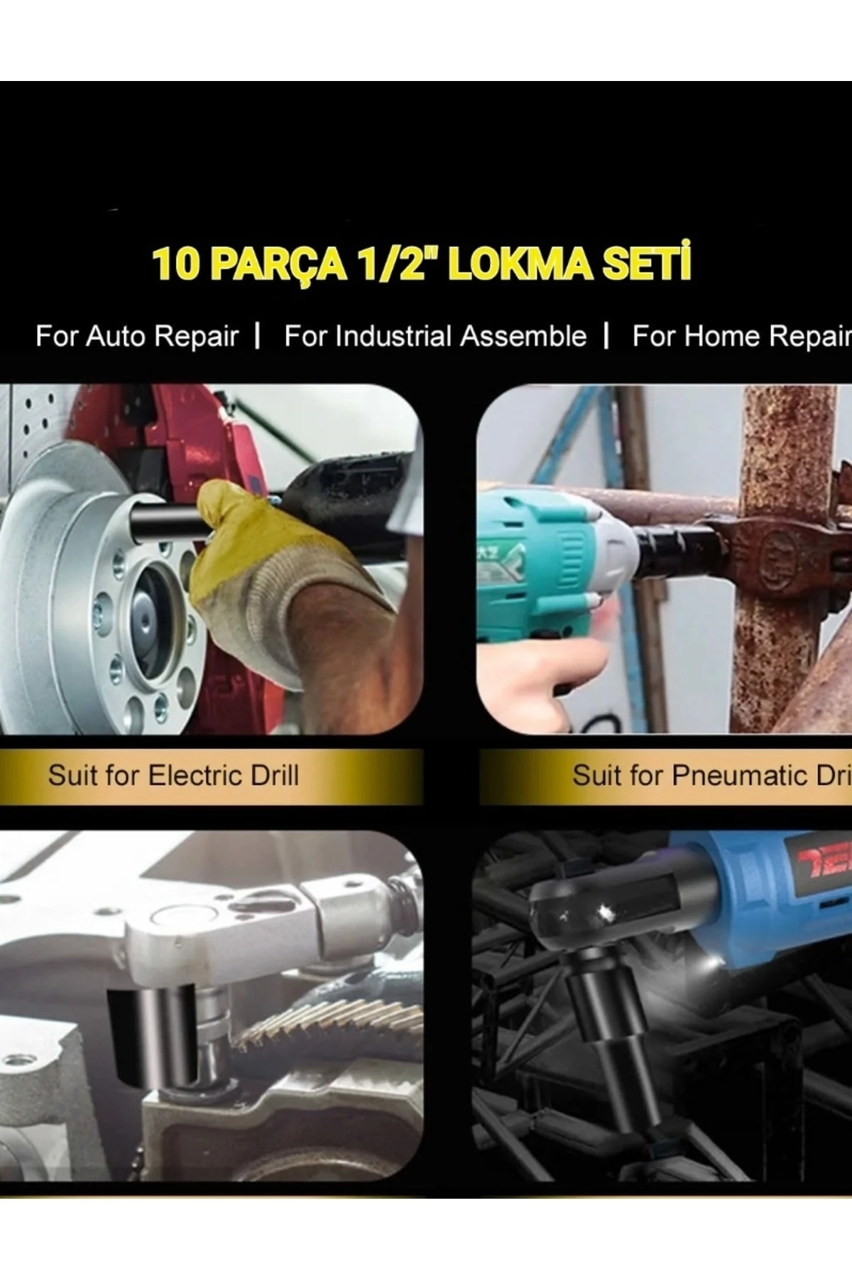 1/2'' Derin Siyah Lokma Seti 10 Parça 6 Köşeli