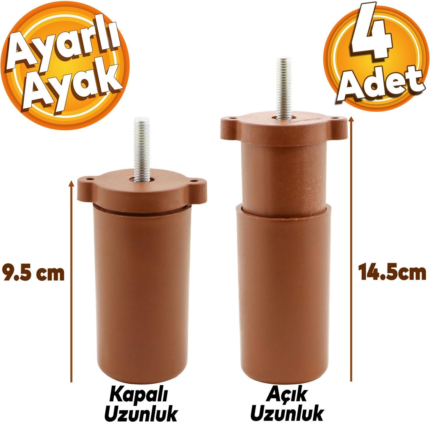 4 Adet) Ayarlanabilir 9.5 cm Kahverengi Mobilya Kanepe Baza Koltuk Vidalı Orta Ayarlı Destek Ayağı Ayakları