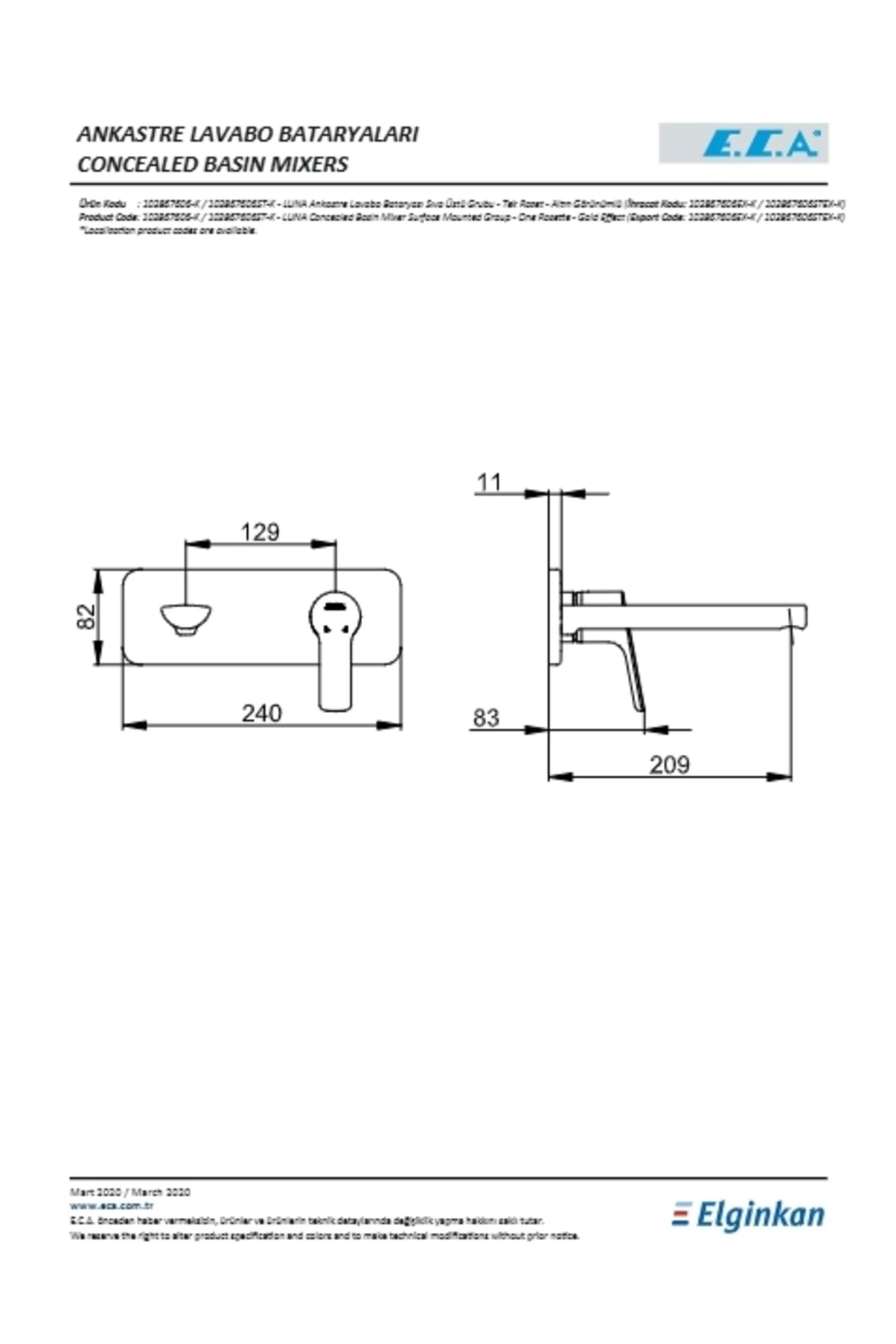 Luna Ankastre Lavabo Batarya Sıva Üstü Tek Rozet Altın Görünümlü