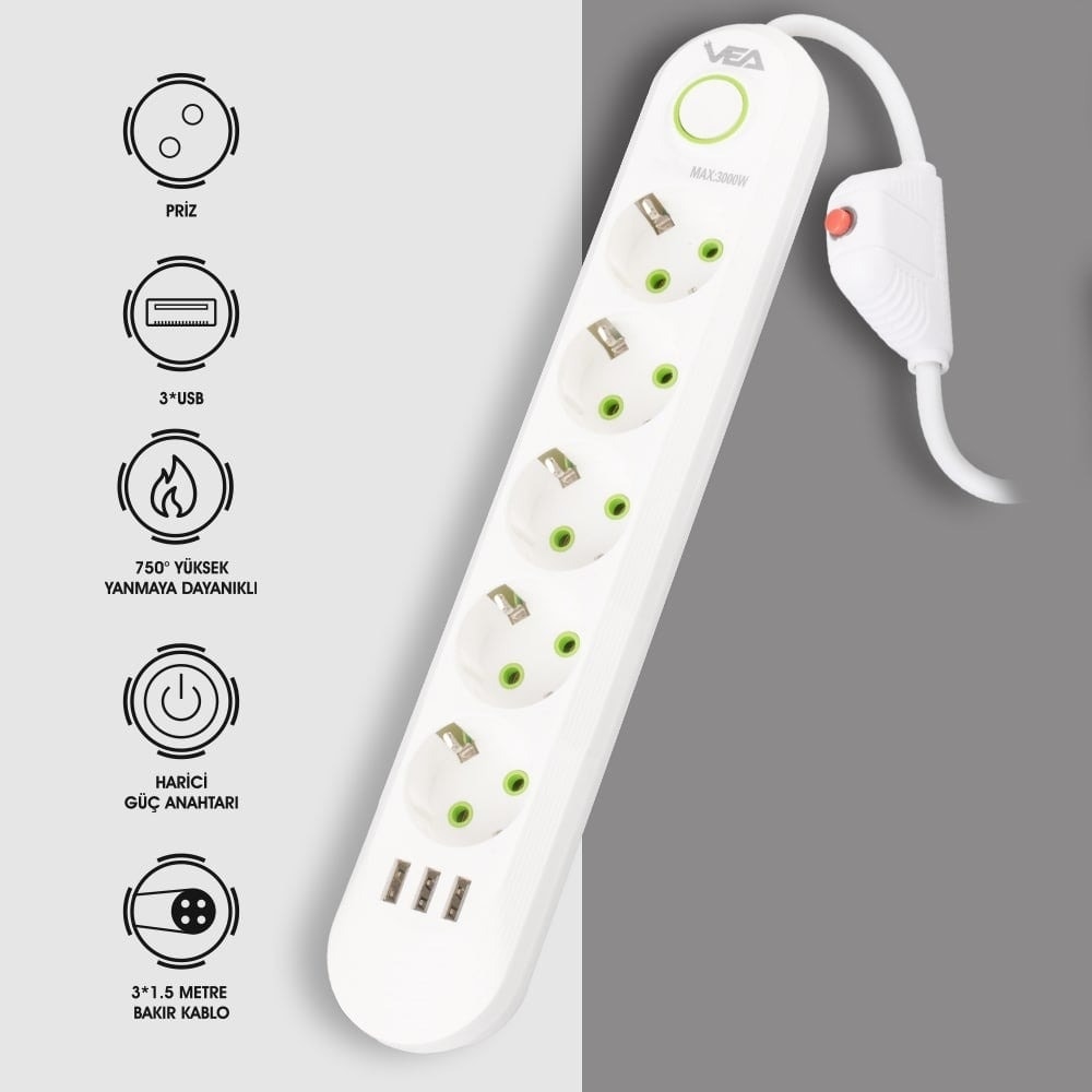 Beyaz 5'lü Akım Korumalı Priz 3 USB 1,5 Metre Elektronik Ürün Koruyucu Uzatma Kablosu Vea