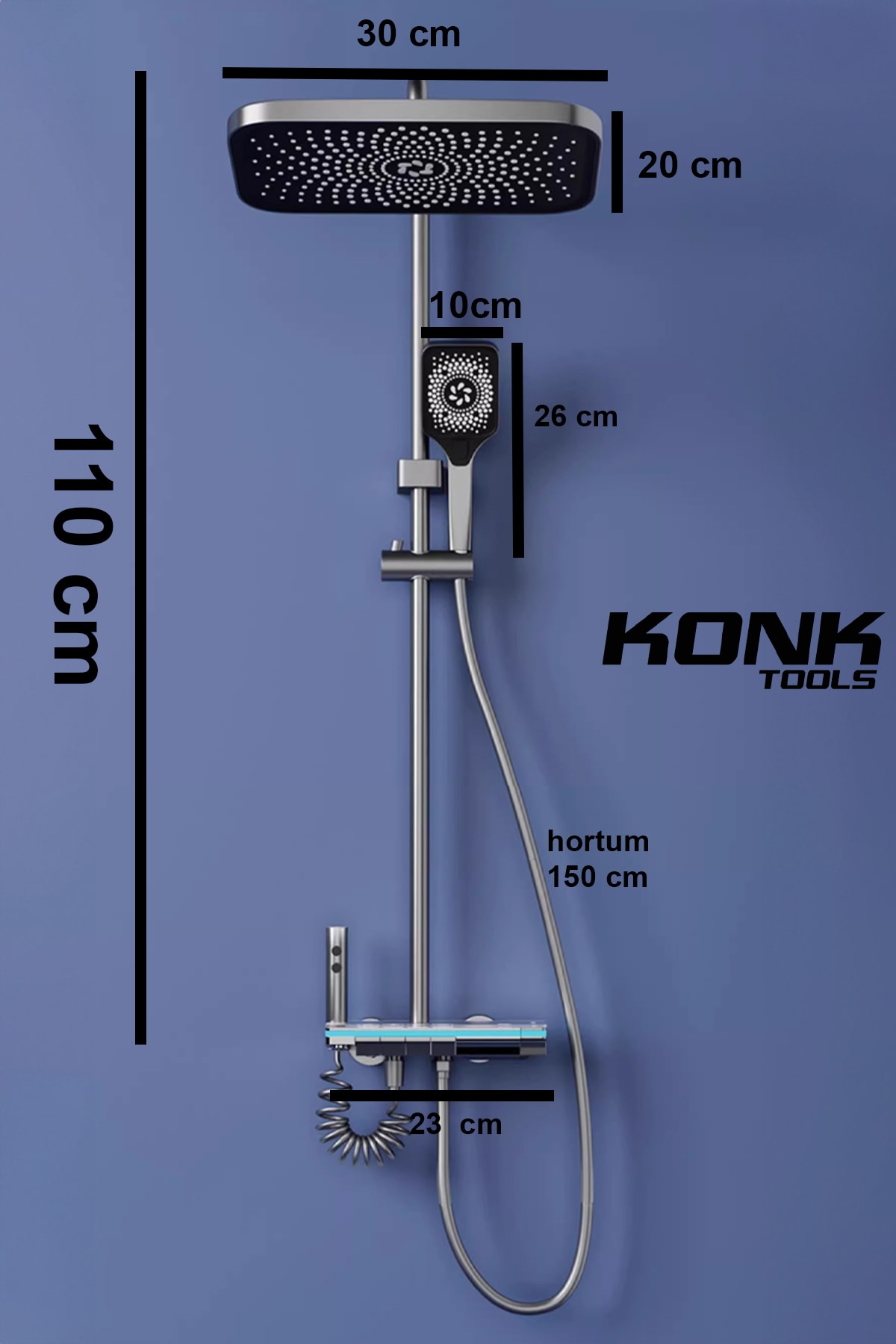 Dijital Piyano 5 Fonksiyonlu Antrasit Banyo Bataryalı Smart  Max Dijital Tepe Duşu Duş Seti