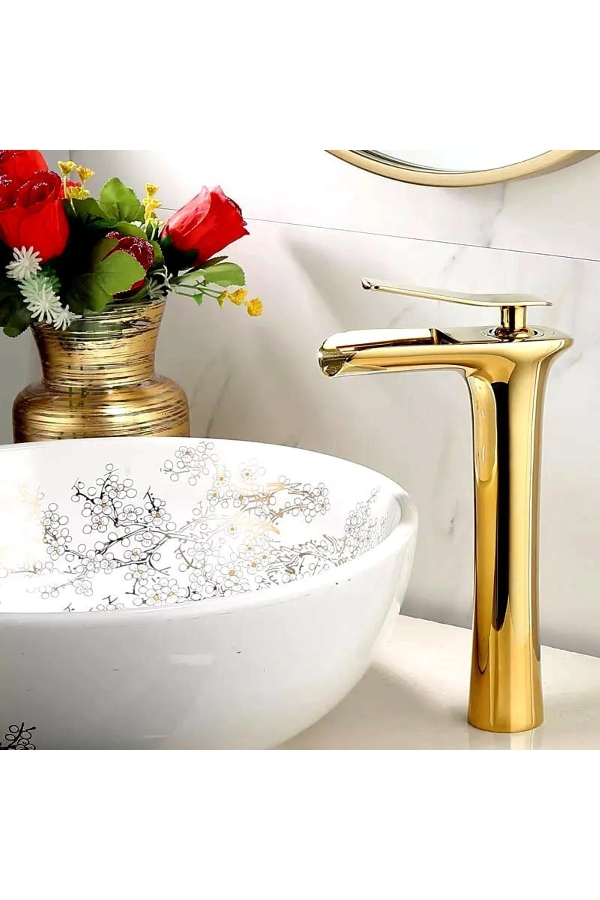 Yüksek Çanak Lavabo Bataryası Şelale Altın Gold Ksl102-g