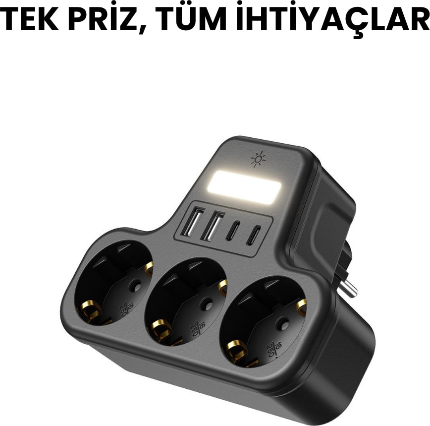3’lü Duvar Tipi Akım Korumalı Priz | 2 Usb-A + 2 Type-C Girişli | LED Gece Lambalı Akıllı Çoklu Priz