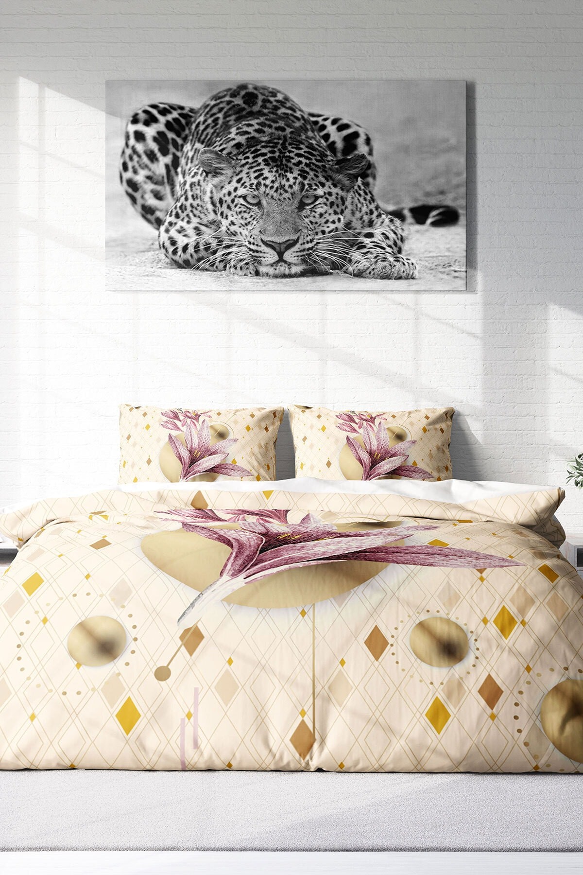Kıng Sıze Pembe Zambak 3d Pamuk Saten Çift Kişilik Nevresim Takımı 220x240cm