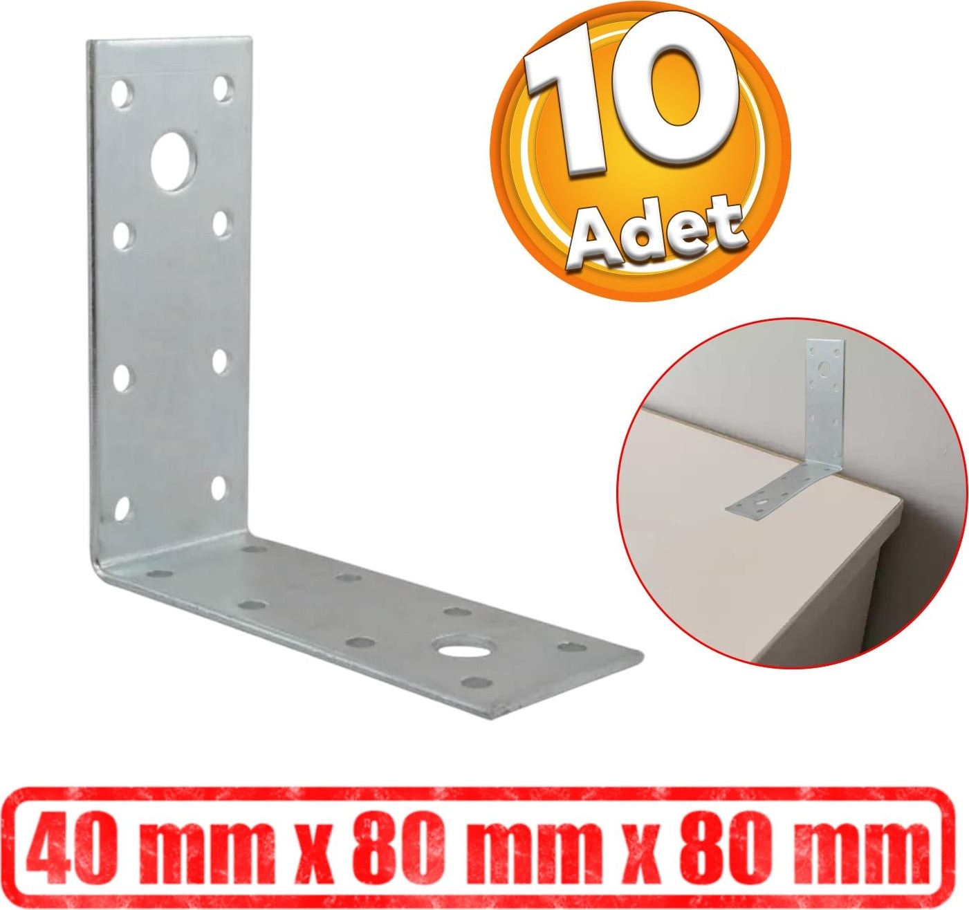 Mobilya Dolap Duvar Sabitleme 10 Adet Metal Köşebent 40X80X80 mm Bağlantı Aparatı L Demiri Gönye