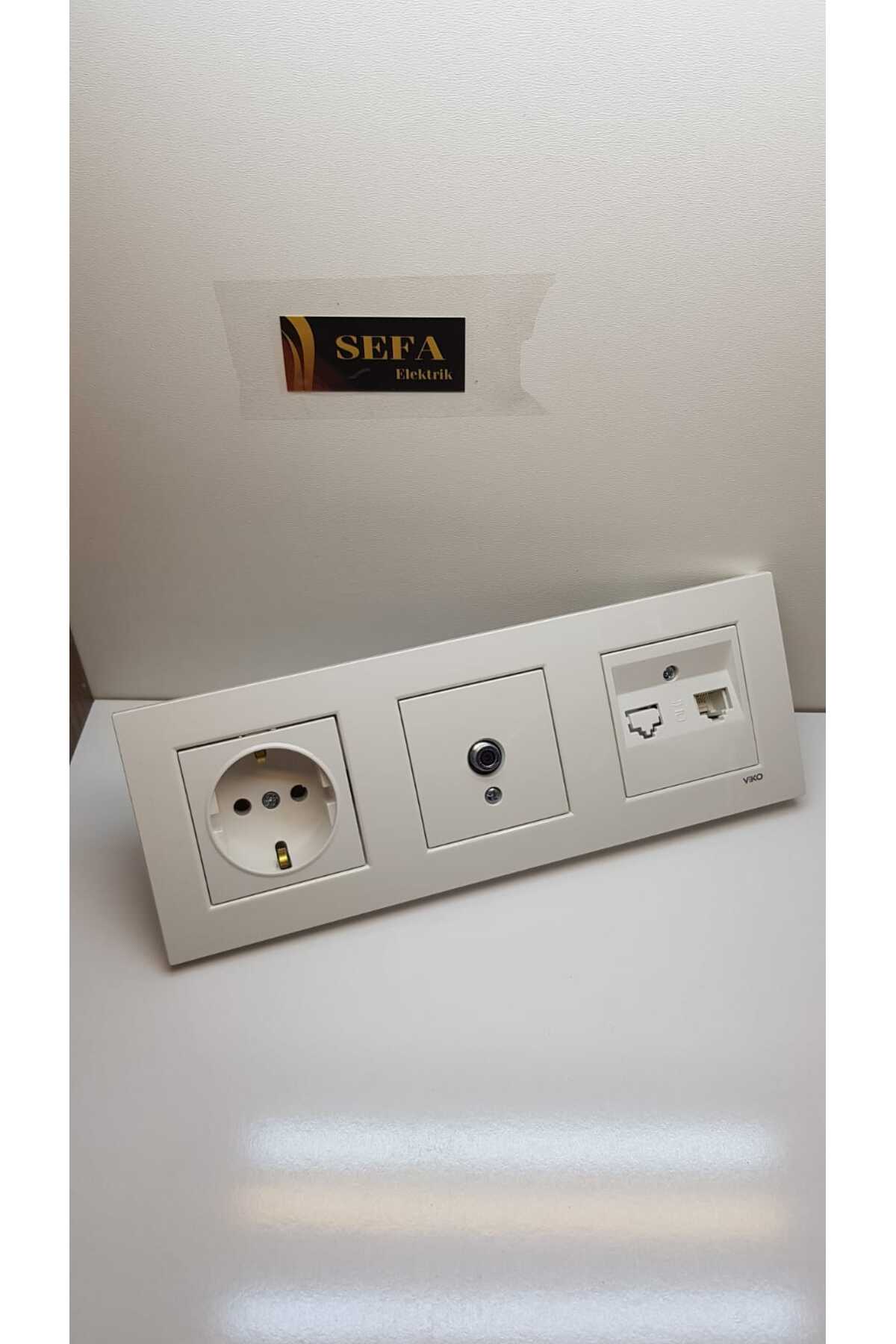 TOPRAKLI PRİZ UYDU PRİZİ TELEFON PRİZİ ÇERÇEVELİ ÜÇLÜ TAKIM BEYAZ  KARRE