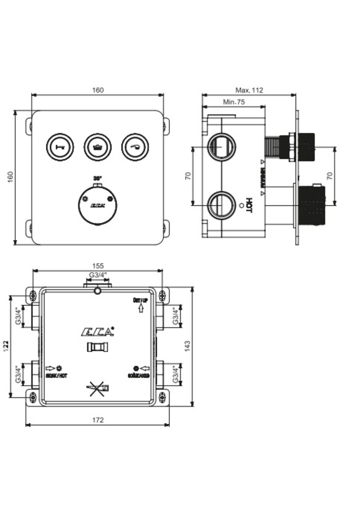 Termostatik Ankastre Duş Bataryası Sıva Üstü-Sıva Altı 3 Yollu 102101403
