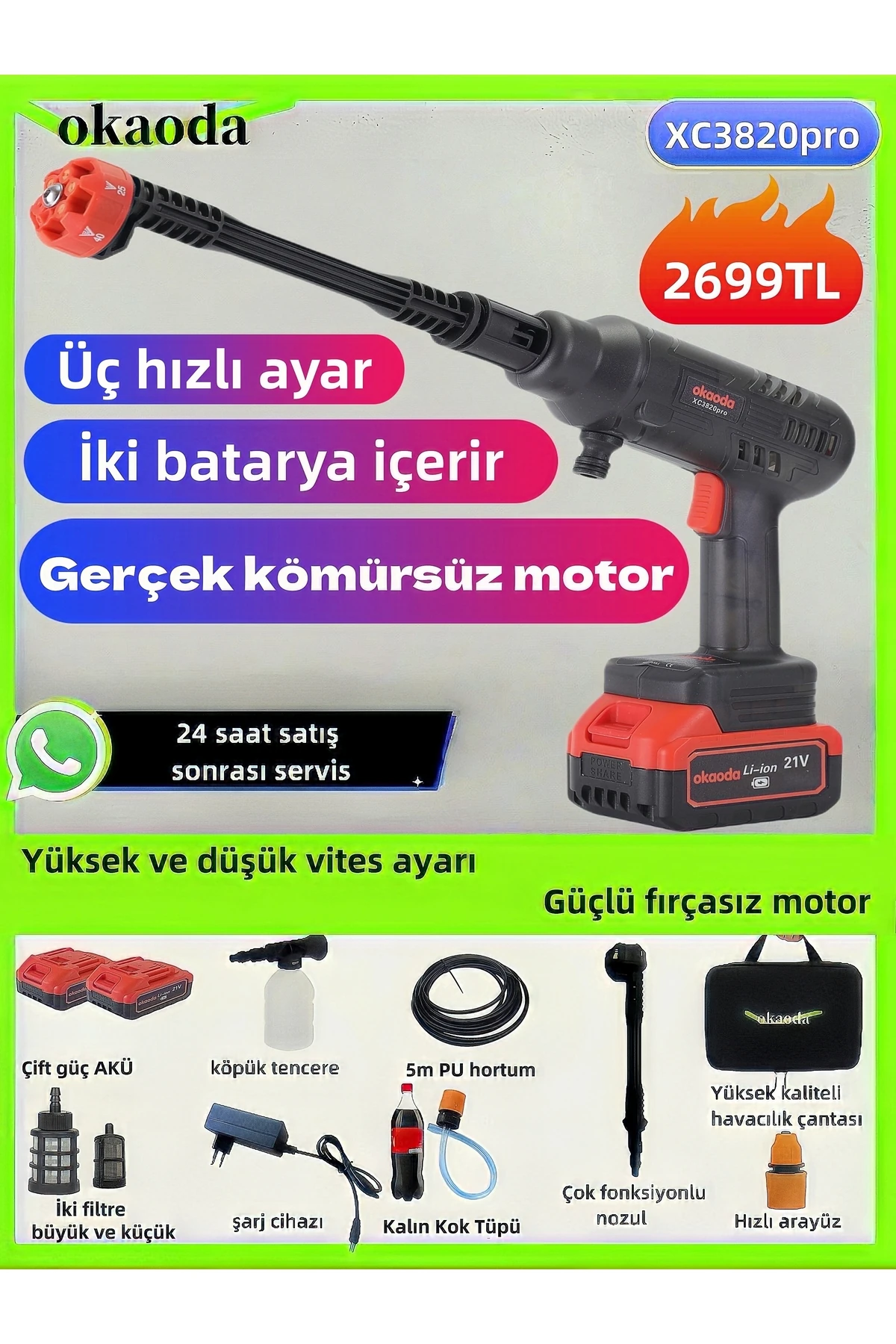 En Güçlü 3 Vitesli Ayar, Kömürsüz Oto Araba Bahçe Klima Halı Şarjlı Yüksek Basınç Yikama Makinesi