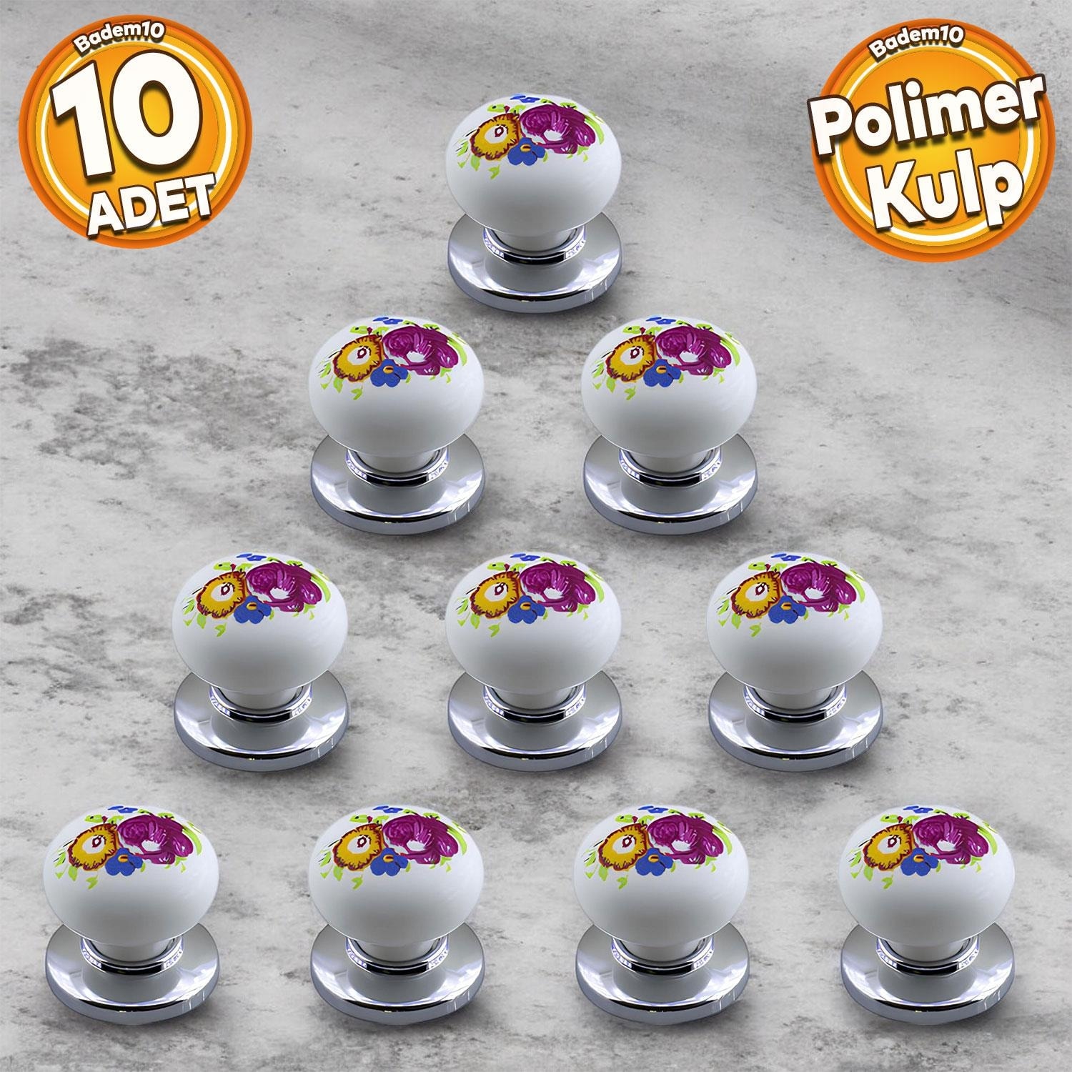 Polimer Kulp Düğme Çiçek Desenli Krom Tabla Mobilya Mutfak Dolabı Çekmece Dolap Kulpu Kulbu 10 Adet