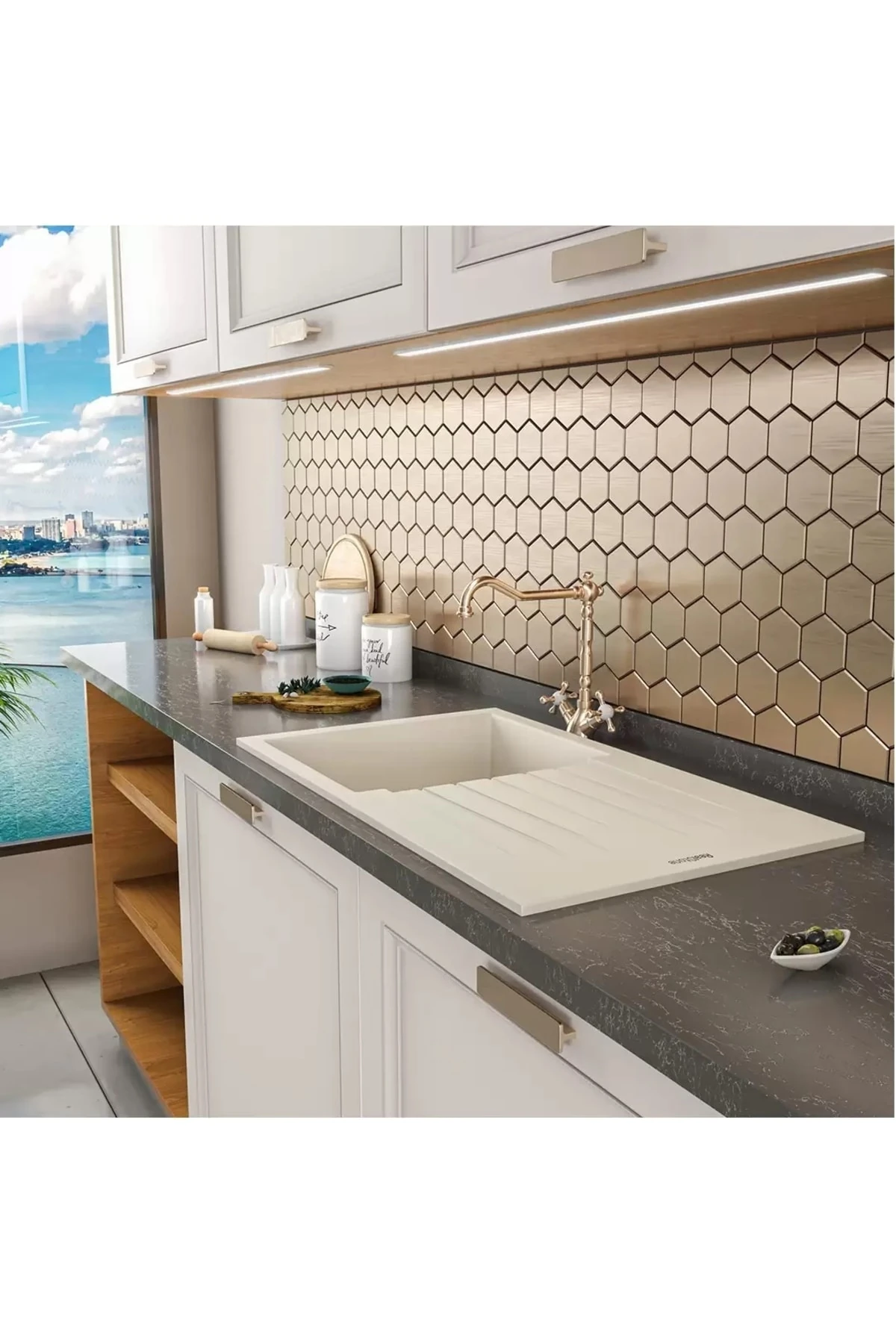 Granit Eviye 50x86 Cm Beyaz Troya Tezgah Üstü-tezgaha Sıfır