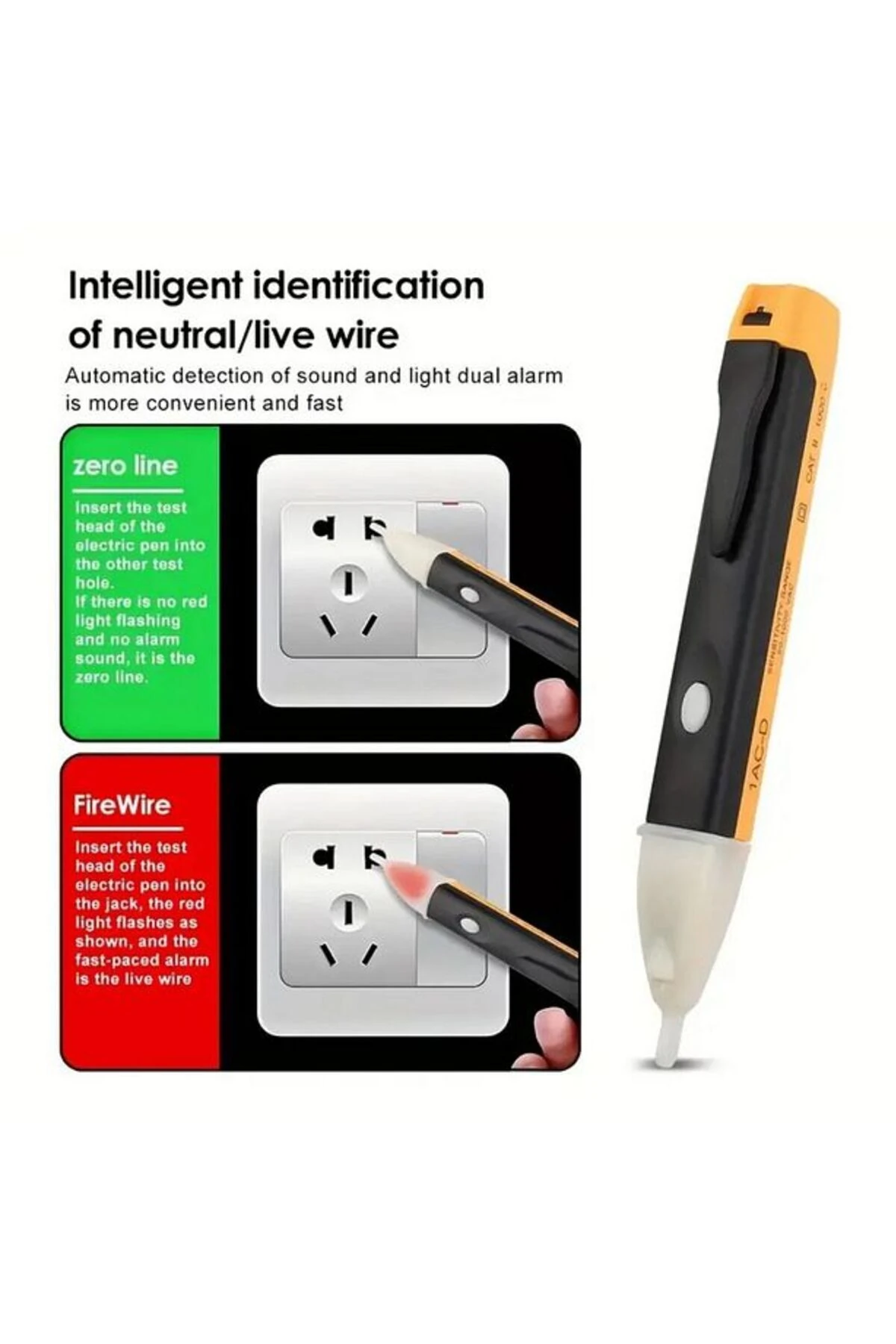 Pilli Led Işıklı, Sesli Temassız Faz Kontrol Kalemi Dijital Ölçüm Cihazı (2 Adet Aaa Pil ) Orta Boy