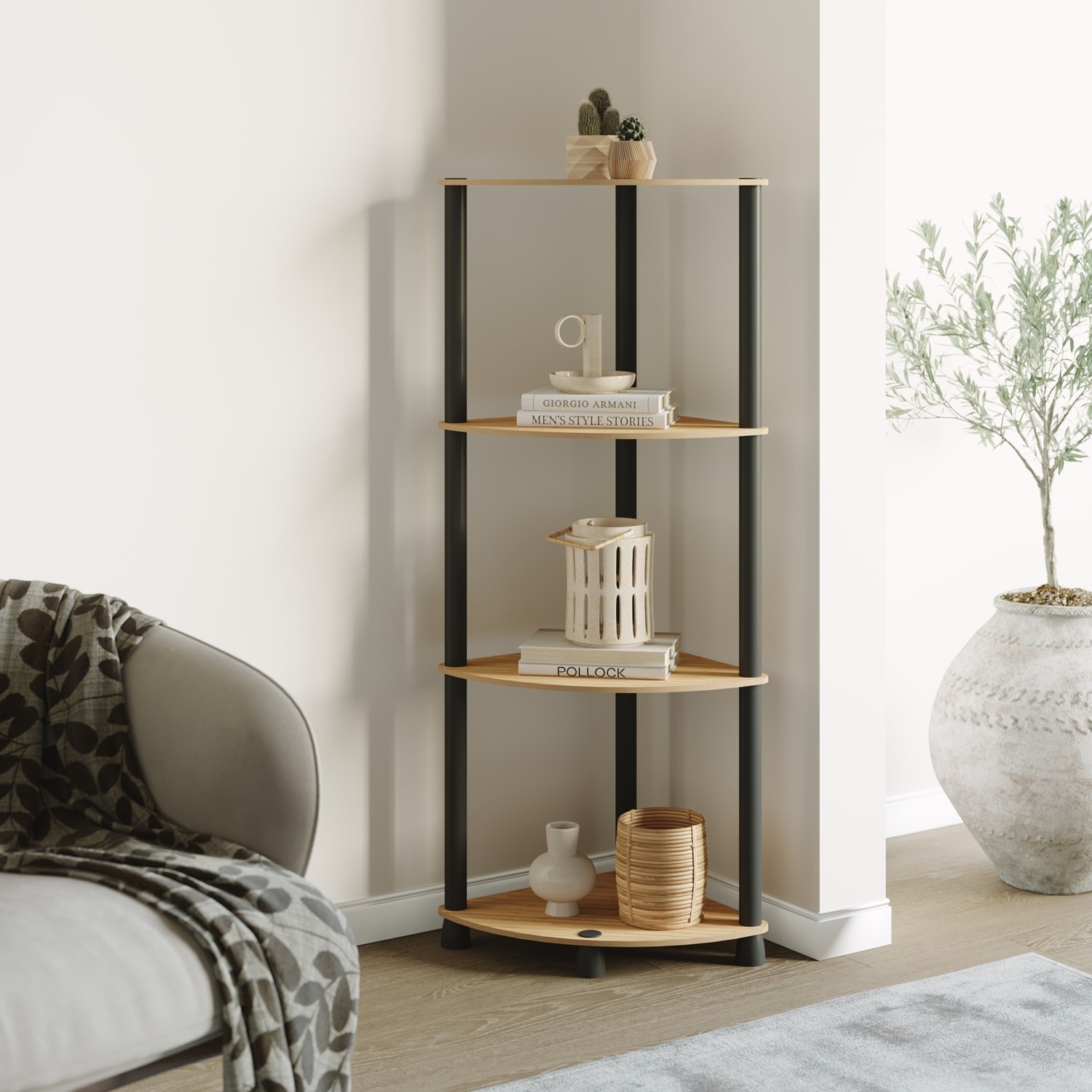 Ahşap Duvar Köşe Raf Kitaplık Çok Amaçlı Dekoratif Modern Kitaplık Standı Ünitesi Kolay Kurulum