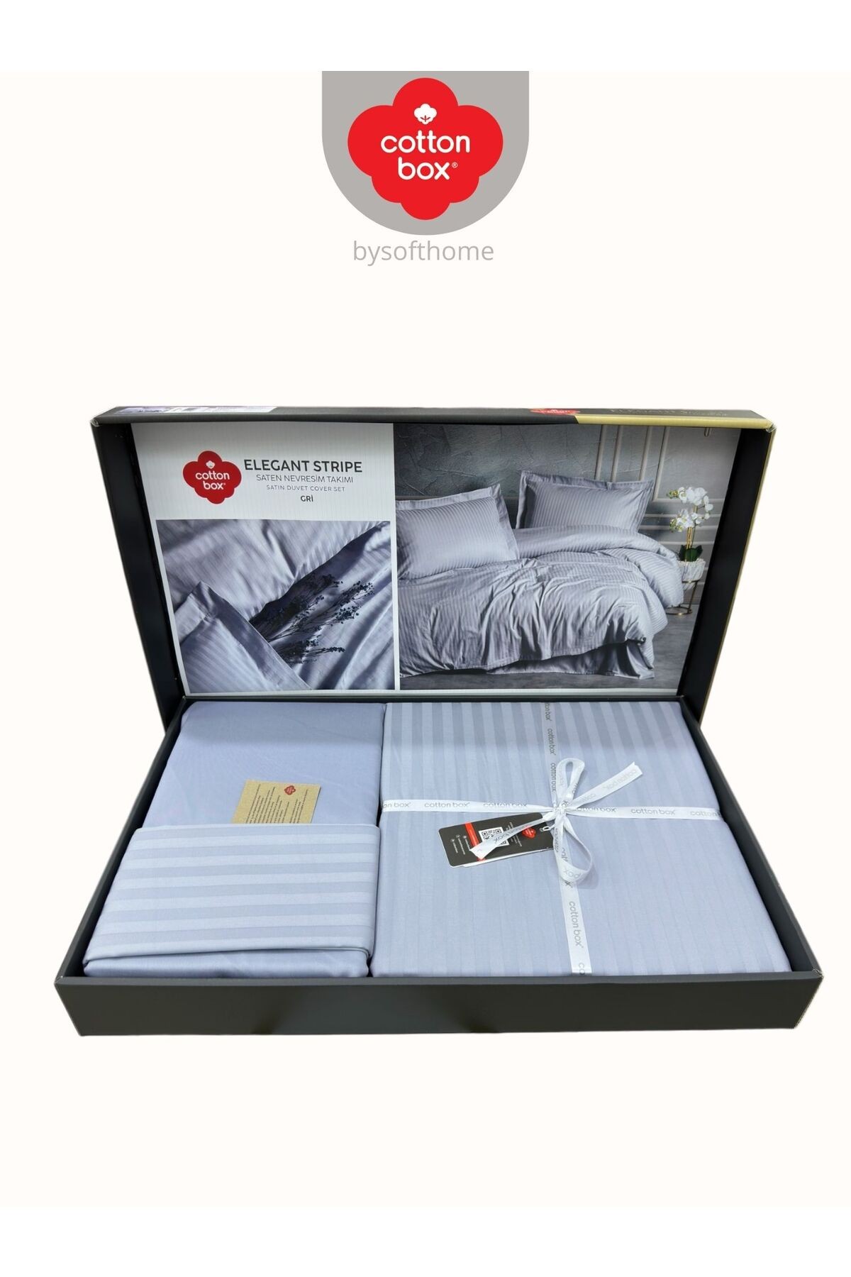 Elegant Stripe Gri Çift Kişilik Pamuk Saten Nevresim Takımı
