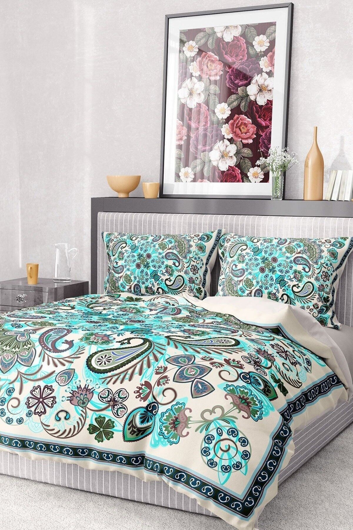 %100 Pamuk Saten Nevresim Takımı Lastikli Çarşaf Deluxe Çift Kişilik 3d Blue