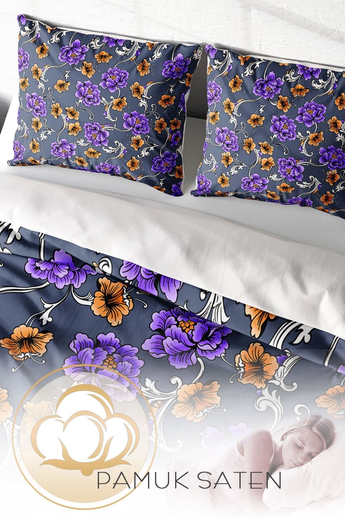 Kıng Sıze Purple Floral Naturel Çift Kişilik Nevresim Takımı 220x240cm