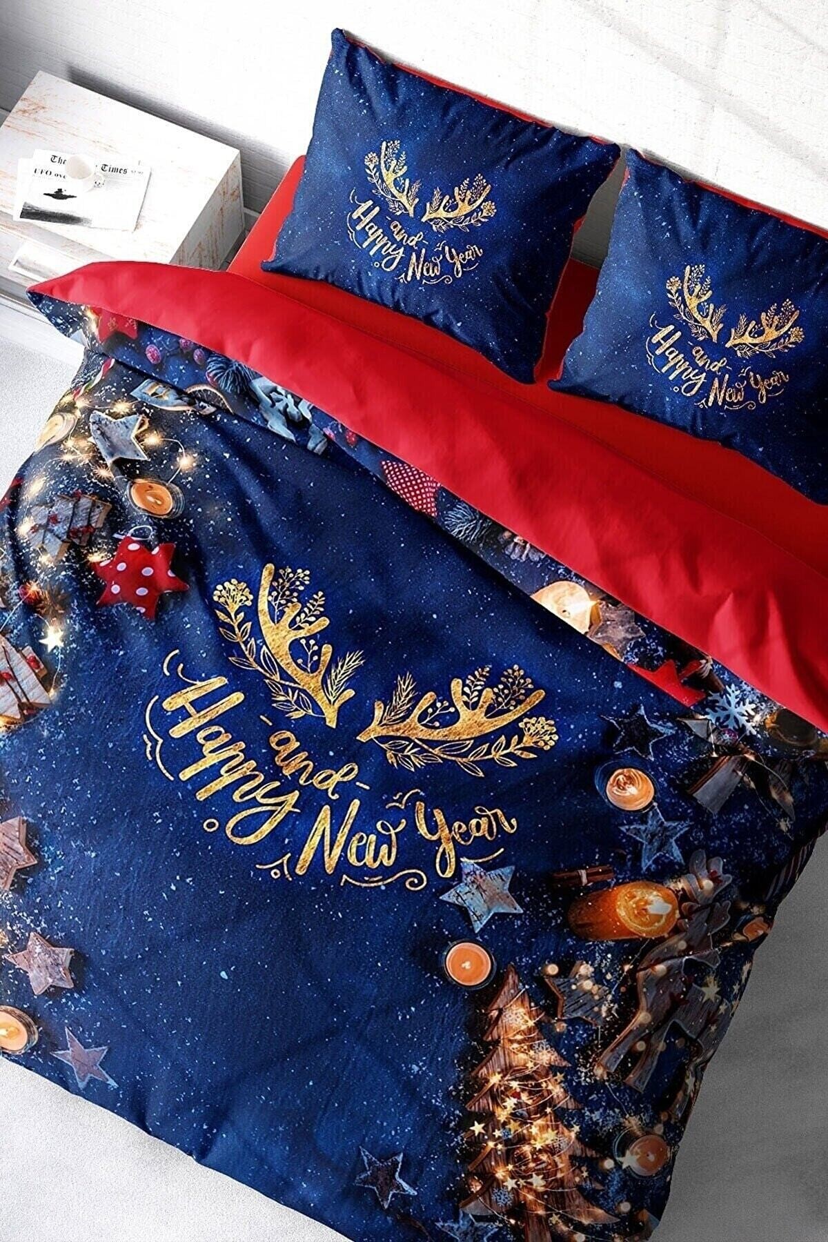 Kıng Sıze Yılbaşı Süsü Happy Noel %100 Pamuk Saten 3d Çift Kişilik Nevresim Takımı 220x240cm