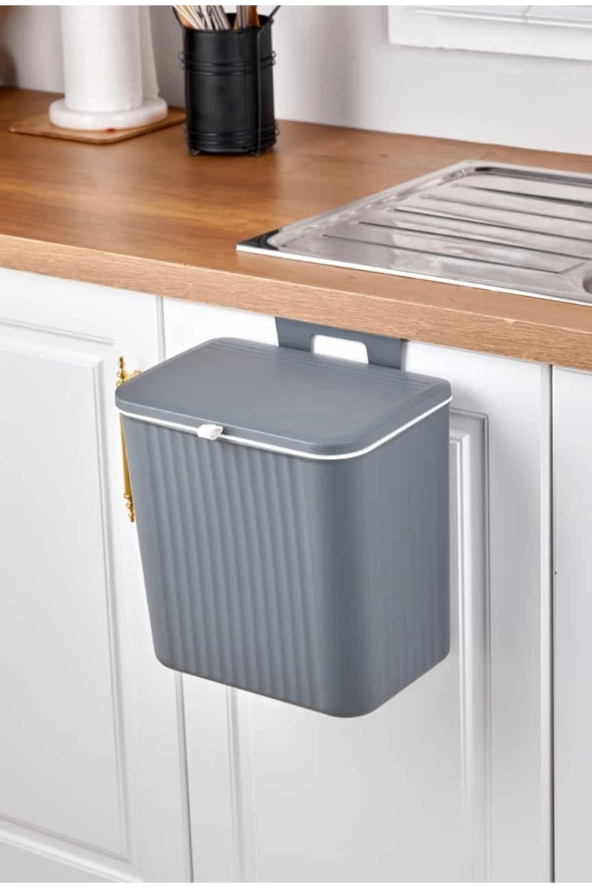 Gri Fonksiyonel Kapaklı Banyo Ve Mutfak Tezgah Üstü Çöp Kovası