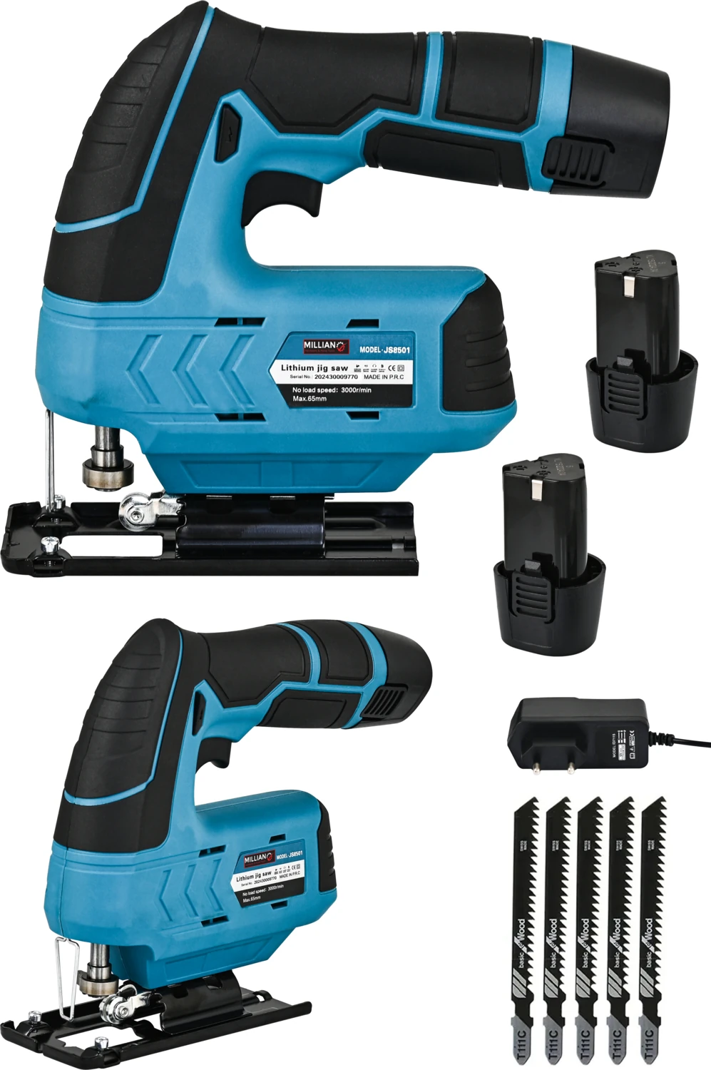 58 V 5 Ah Çift Akülü Pandüllü Bakır Sargılı Alyansız Şarjlı Dekupaj Bıçkı Testere + 5 Bıçak