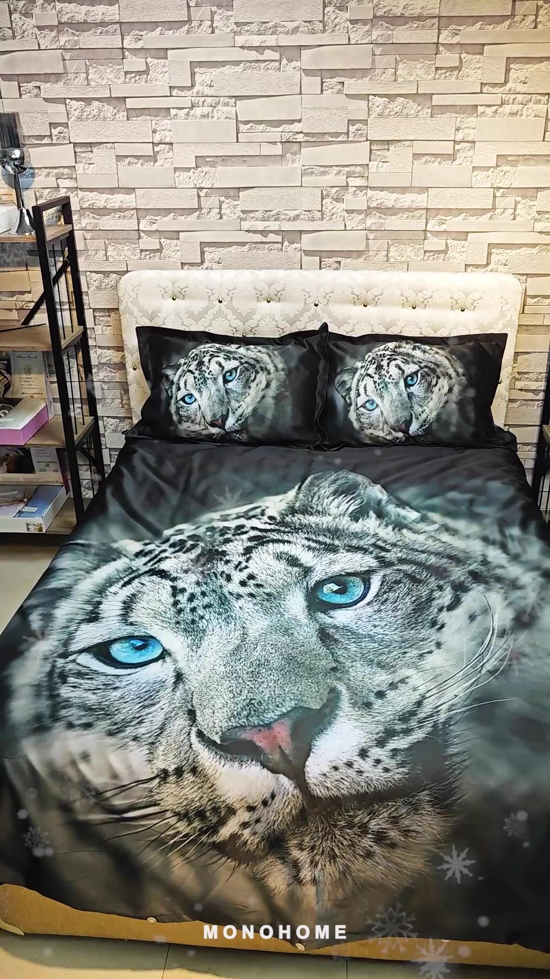 Leopar Lastikli Çarşaflı %100 Pamuk Saten Çift Kişilik Nevresim Takımı Blue Leopard