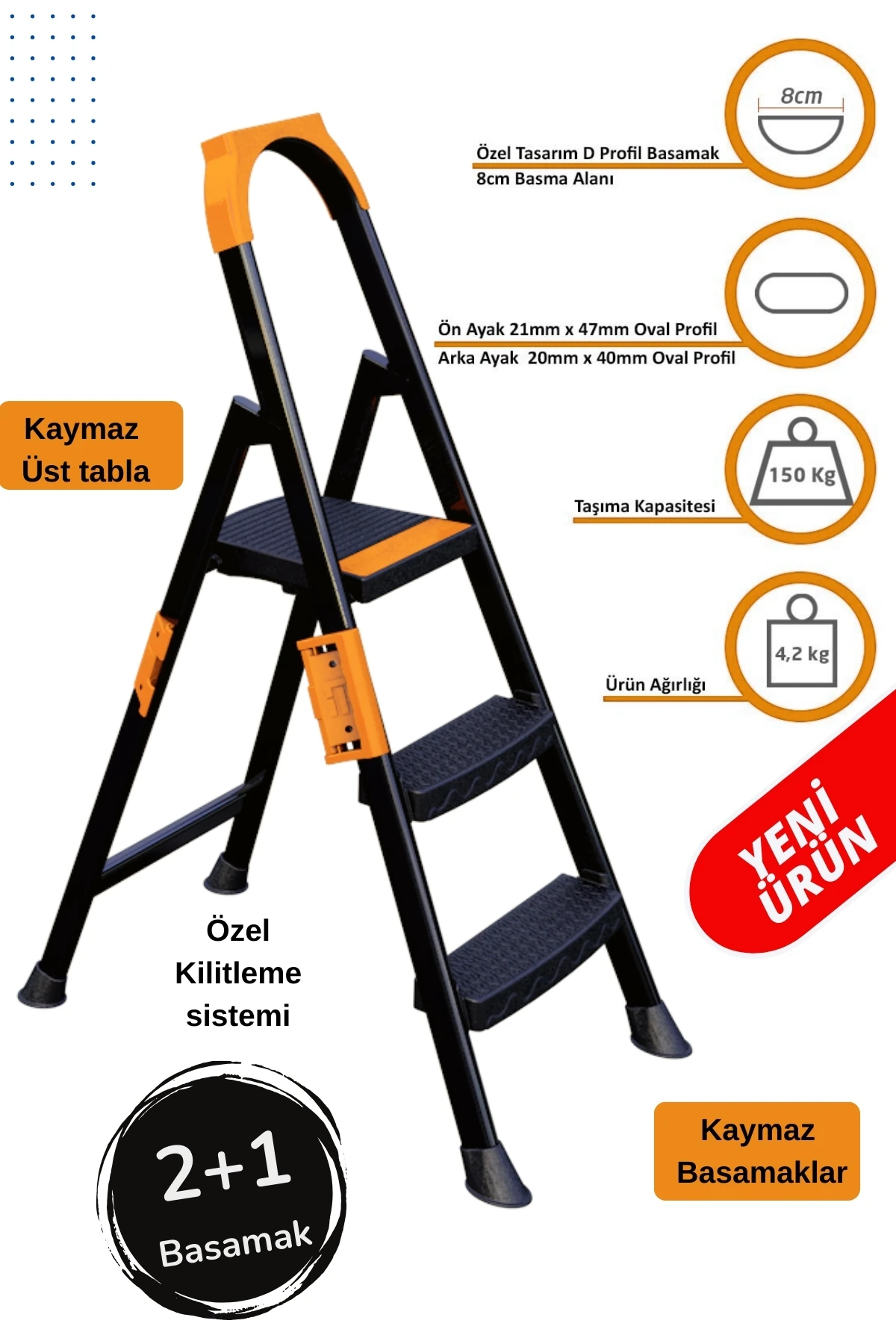 Anka Plus 2+1 Basamaklı Metal Merdiven