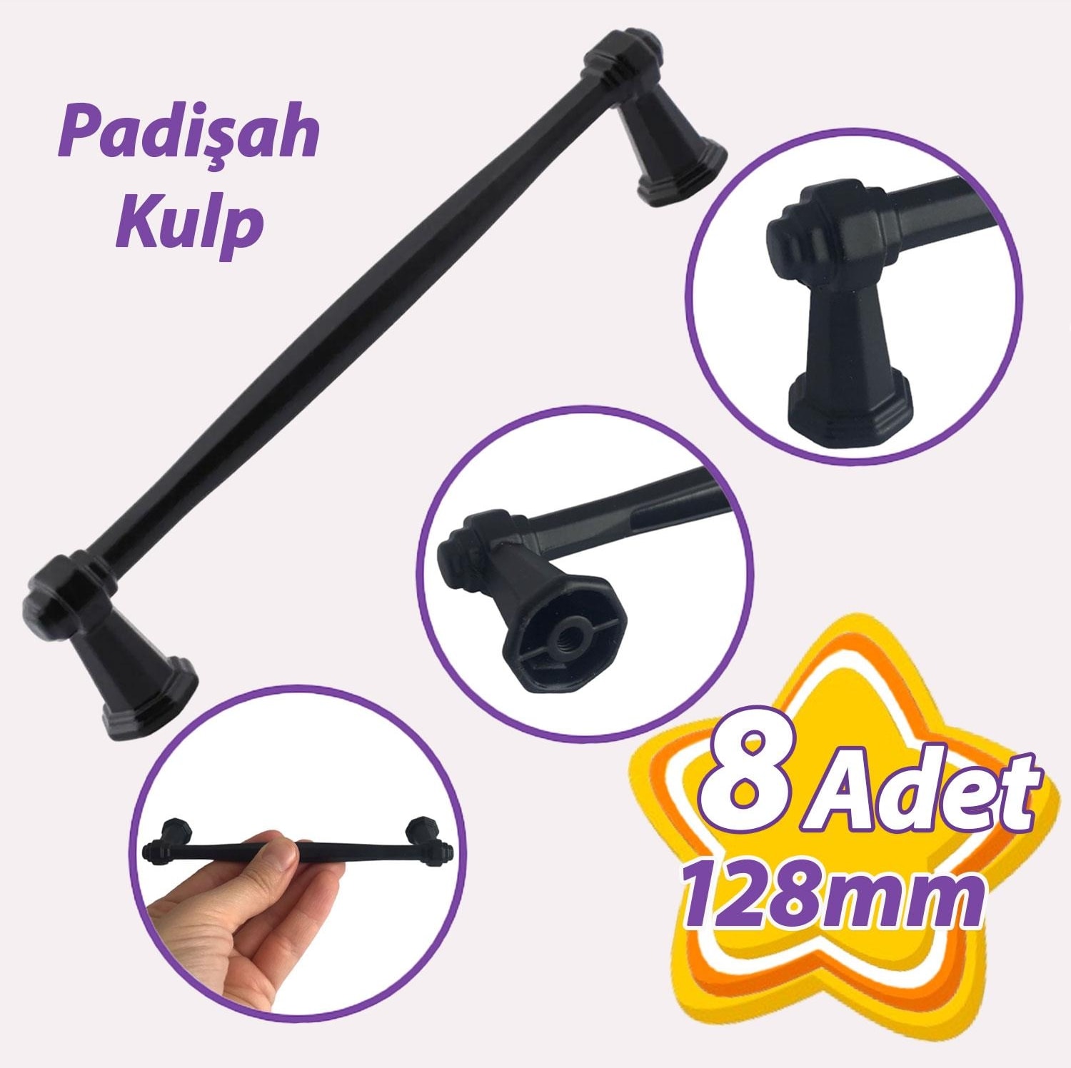 8 Adet Padişah Kulp 128 mm Siyah Mutfak Kulpu Çekmece Dolap Kapak Kulbu Metal Mobilya Dolabı Kulpları