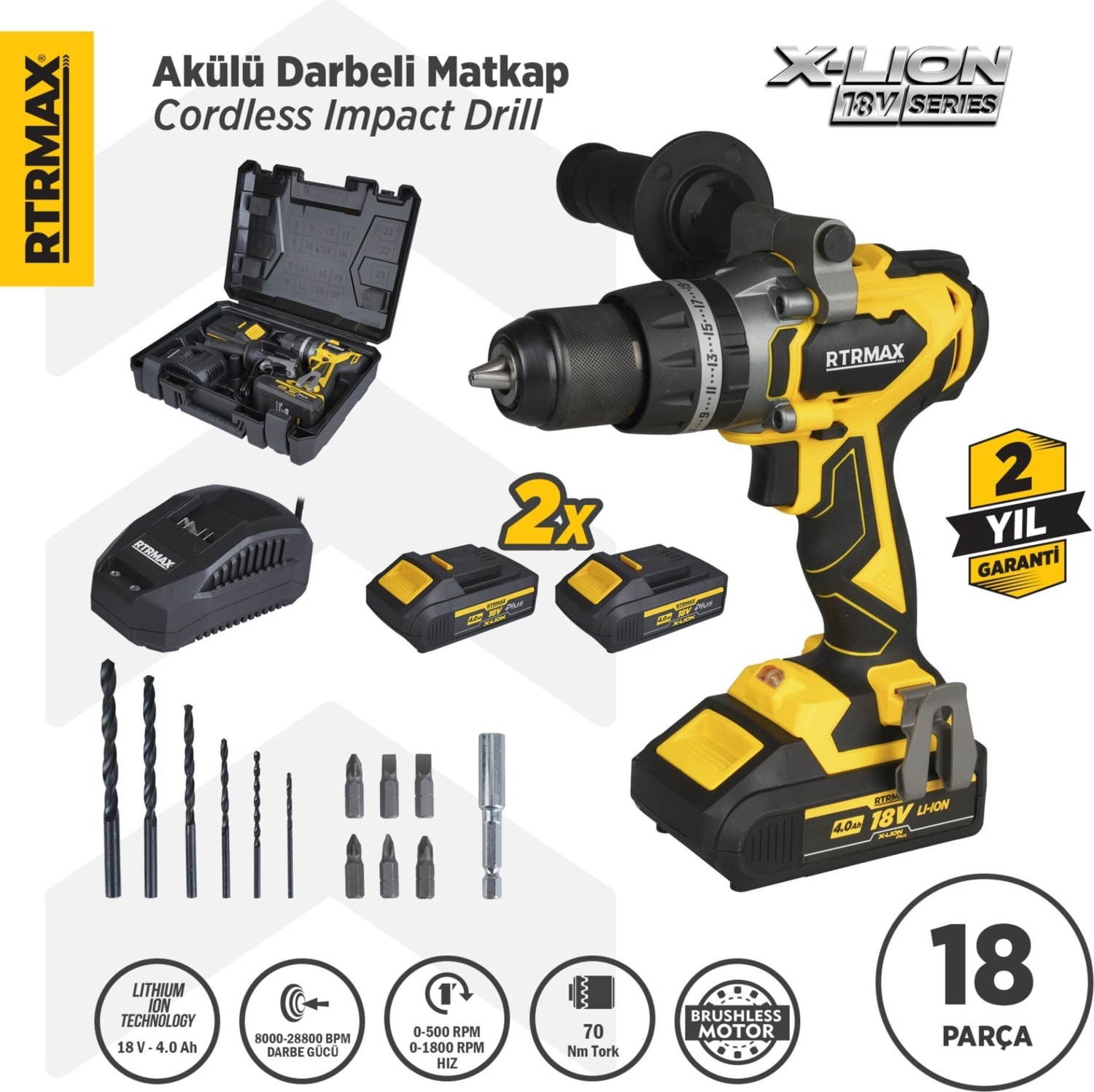 RTX3010 Şarjlı Darbeli Matkap Kömürsüz 70 Nm 2x4 Ah Plus Çift Akü X-Lion - Akü Dahil