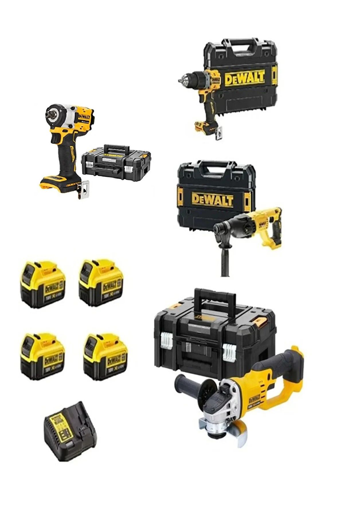 DEWALT Dcf922 ( 400 nm )+dch133( 2.6 j )+dcd805 ( 90 nm ) + dcg412 ( 125 mm ) + 4x 4 ah akü+ dolum cihazı