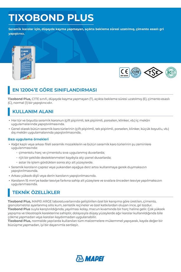 Tixobond Plus 25 Kg Gri (Seramik Karolar İçin Çimento Esaslı Yapıştırıcı)