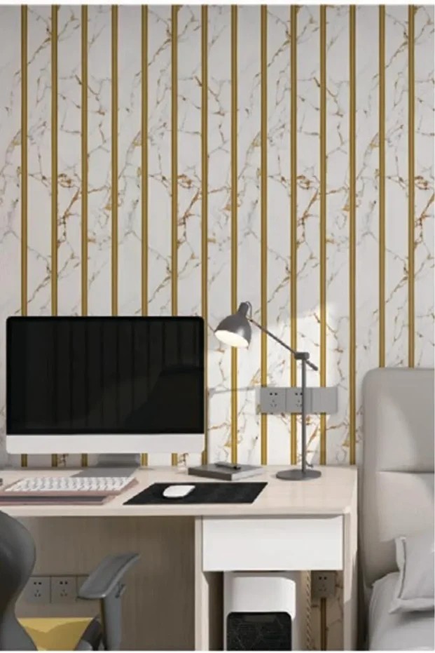 120cmx300cm Tek Parça Yapışkanlı Rulo Gold Beyaz Mermer Desenli Duvar Paneli Kağıdı Fatih QM0135