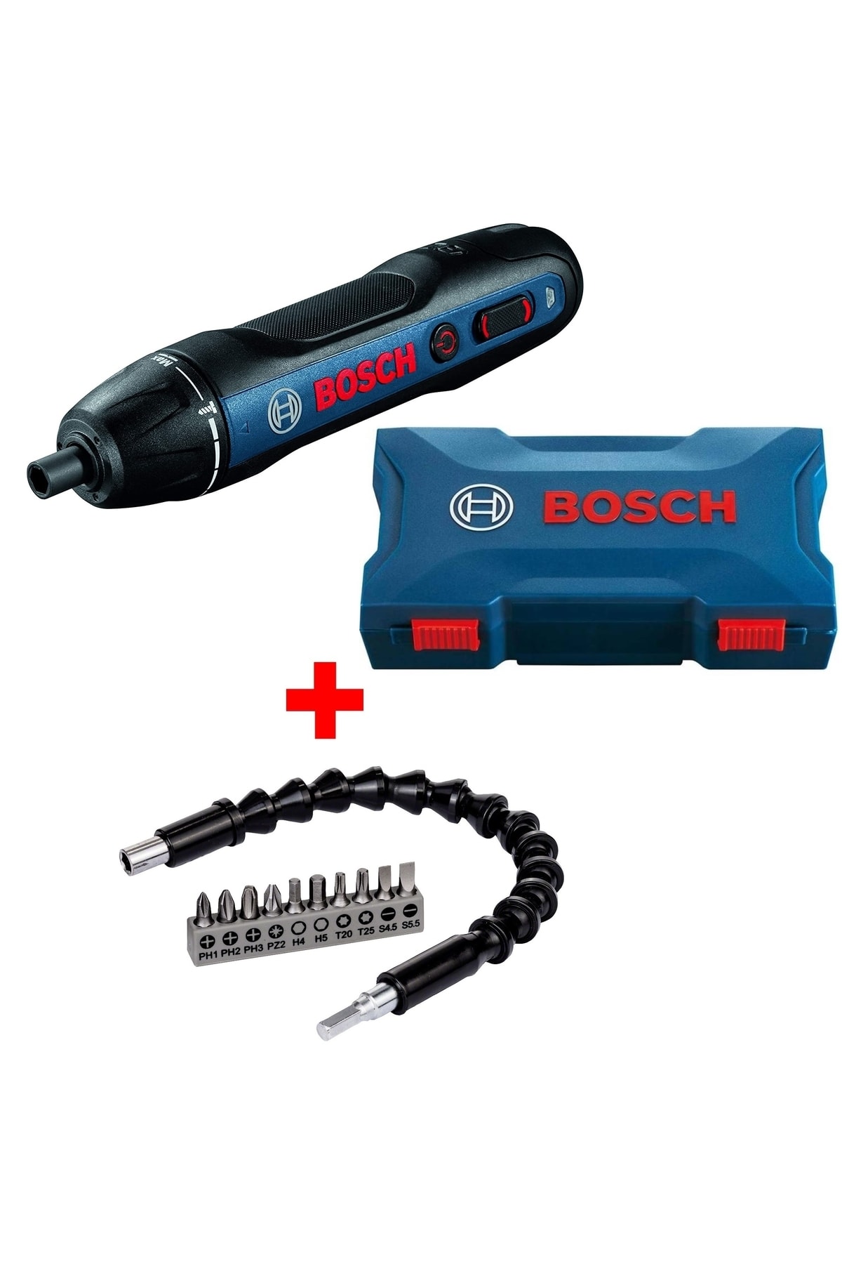 BOSCH Şarjlı Tornavida Go 2 Akülü Vidalama Şarjlı Matkap + 30 Cm Esnek Uzatma 10 Adet Vidalama Ucu