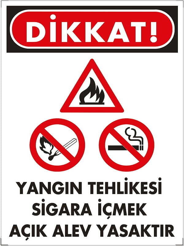 Dikkat Yangın Tehlikesi-Sigara Içmek-Açık Alev Yasaktır Dekote Uyarı/İkaz Levhası