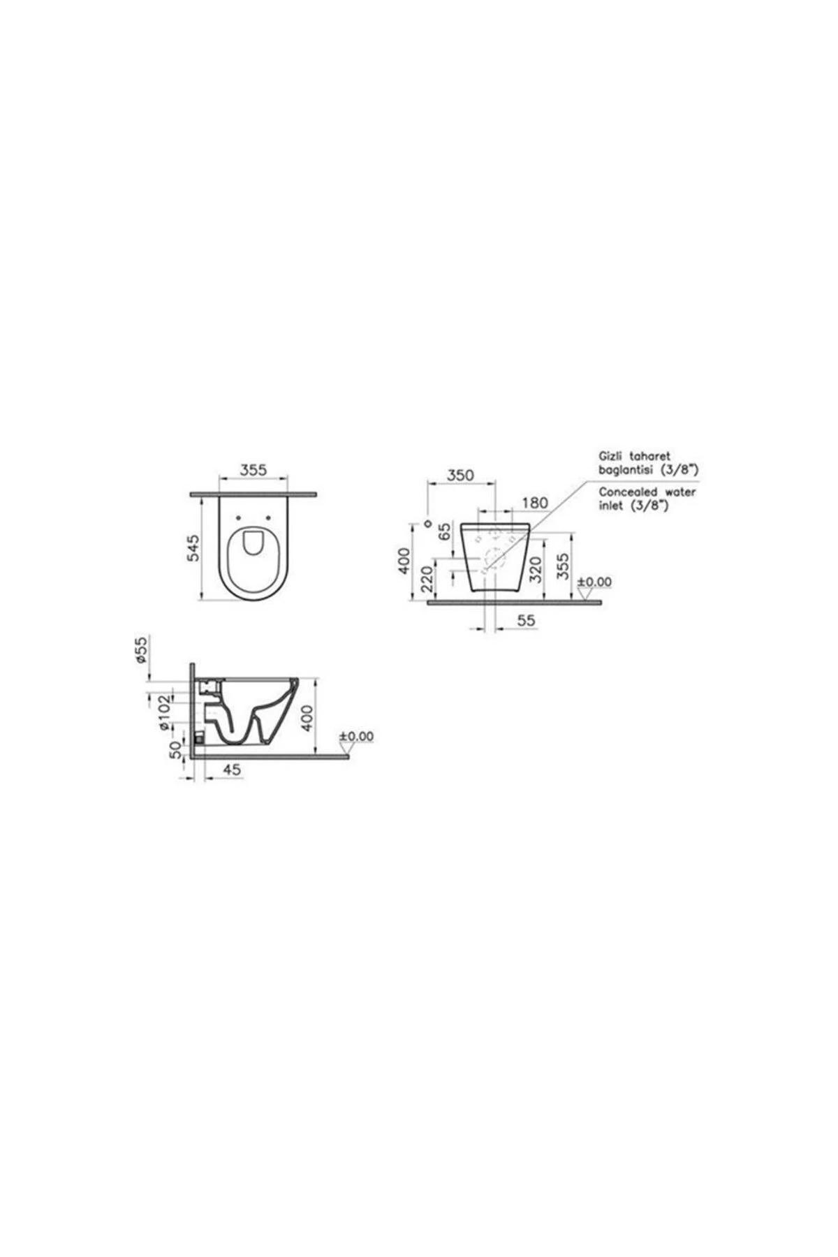 7041L003-0090SET Vitra Integra Round Rim-ex Kanalsız Asma Klozet +Gömme Rezervuar + Yavaş Kapanır Ka