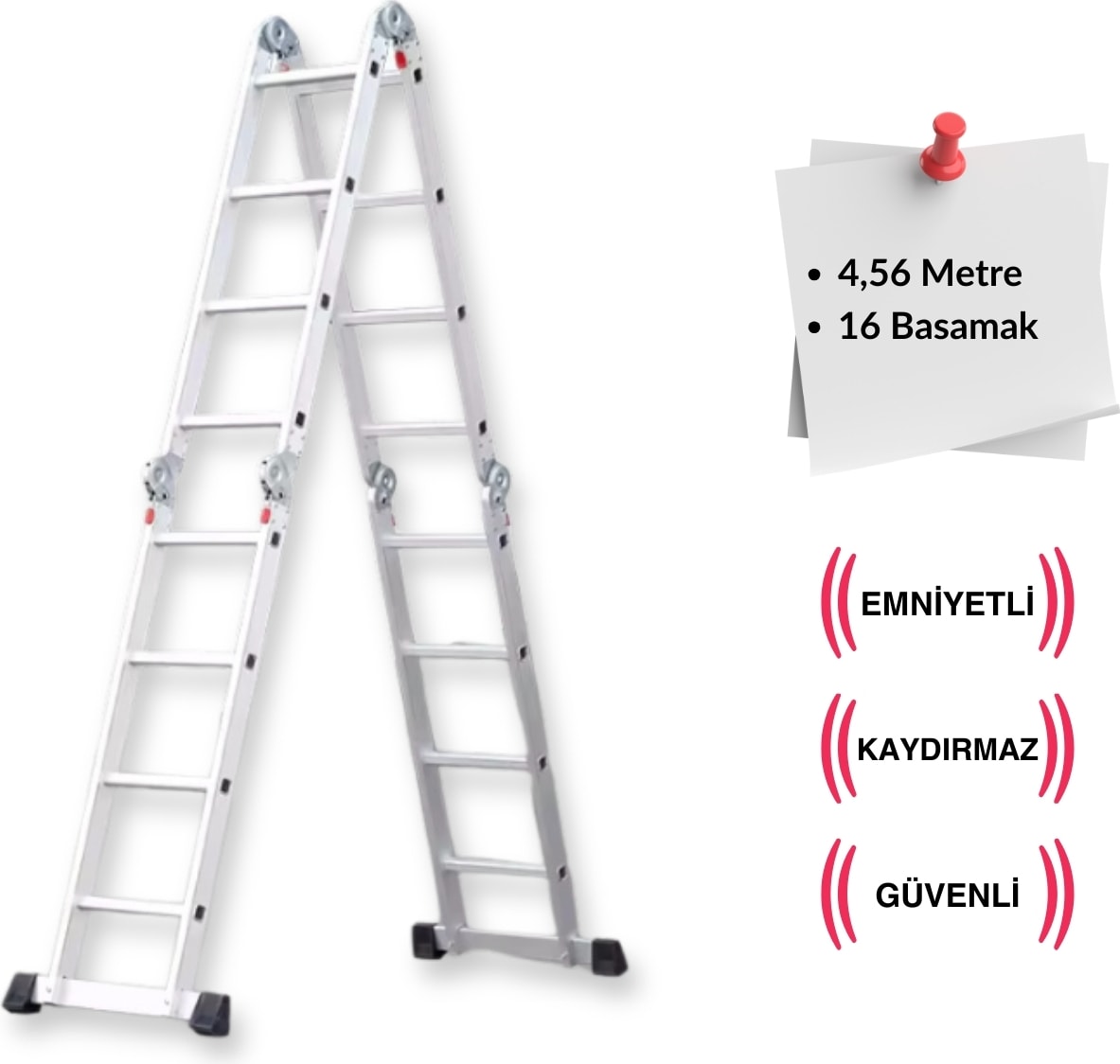4,56 Metre - 16 Basamaklı Katlanır Akrobat Merdiven - Büyük menteşe - Kalın profil