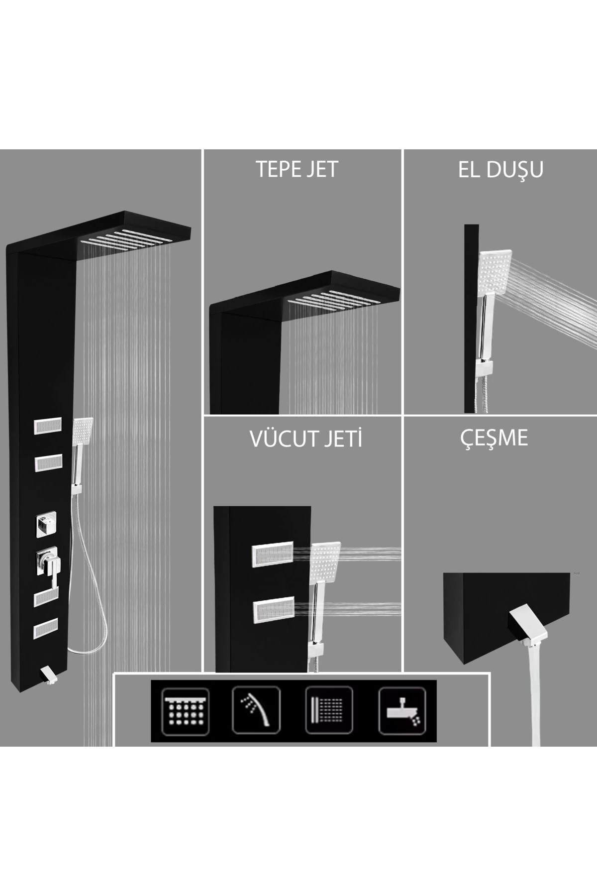 Diamond Siyah Masajlı Duş Paneli- Dikey Jakuzi - Duş Robotu - El Duşu - Duş Başlığı