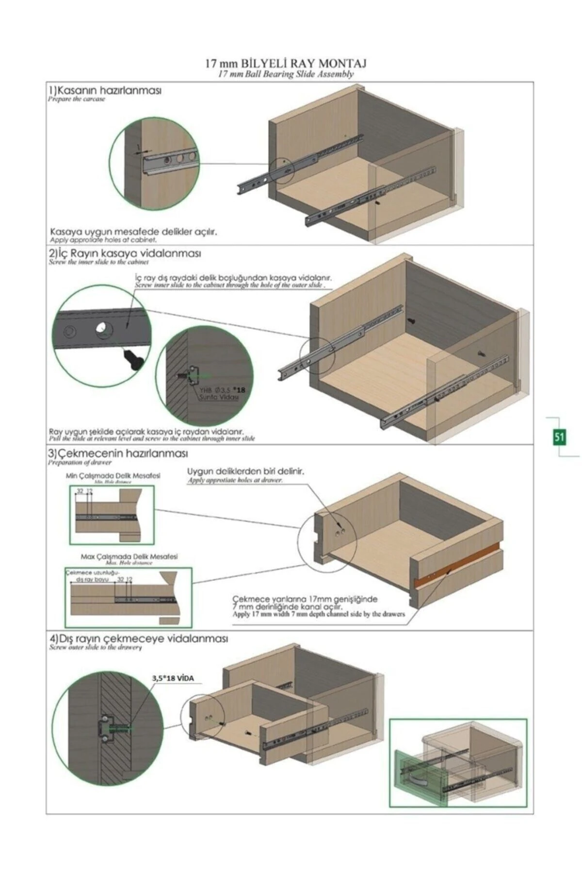 17mm Gömme Ince Teleskopik Bilyeli Dolap Çekmece Rayı 40,6 Cm