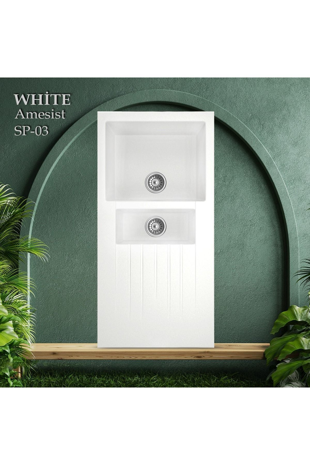 Granit Eviye | Çift Hazne Izgaralı | Beyaz | Ametist Sp--03 | Evye